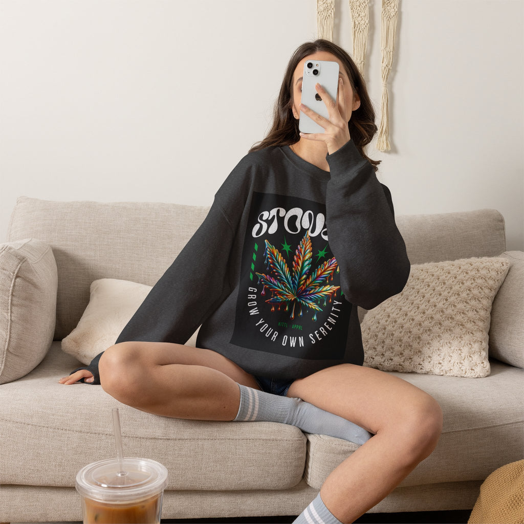 Sweatshirt — Stoner 'Grow Your Own Serenity' Colorful Cannabis Leaf Crewneck