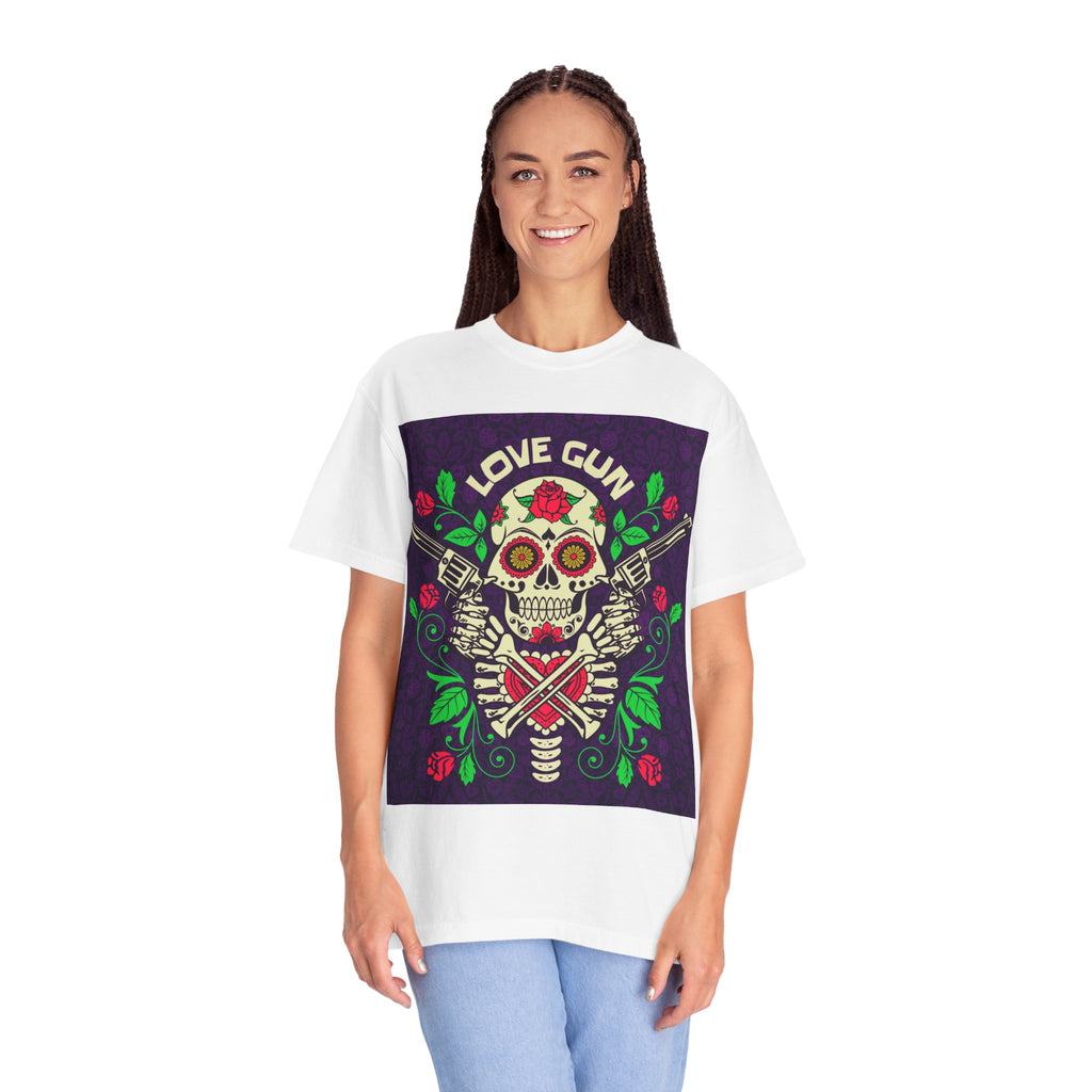 Love Gun Skull T‑Shirt — Day of the Dead Floral Graphic Tee