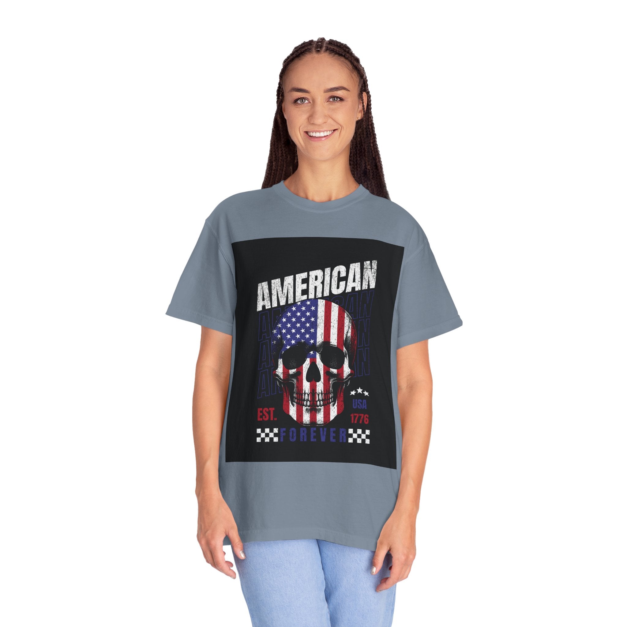 American Skull Flag T-Shirt — "American Forever" Patriotic Graphic Tee