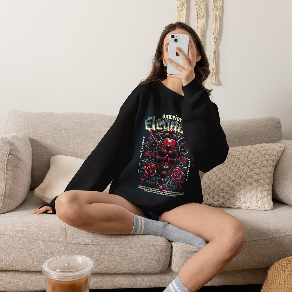 Crewneck Sweatshirt – "Warriors Electric" Skull & Roses Graphic