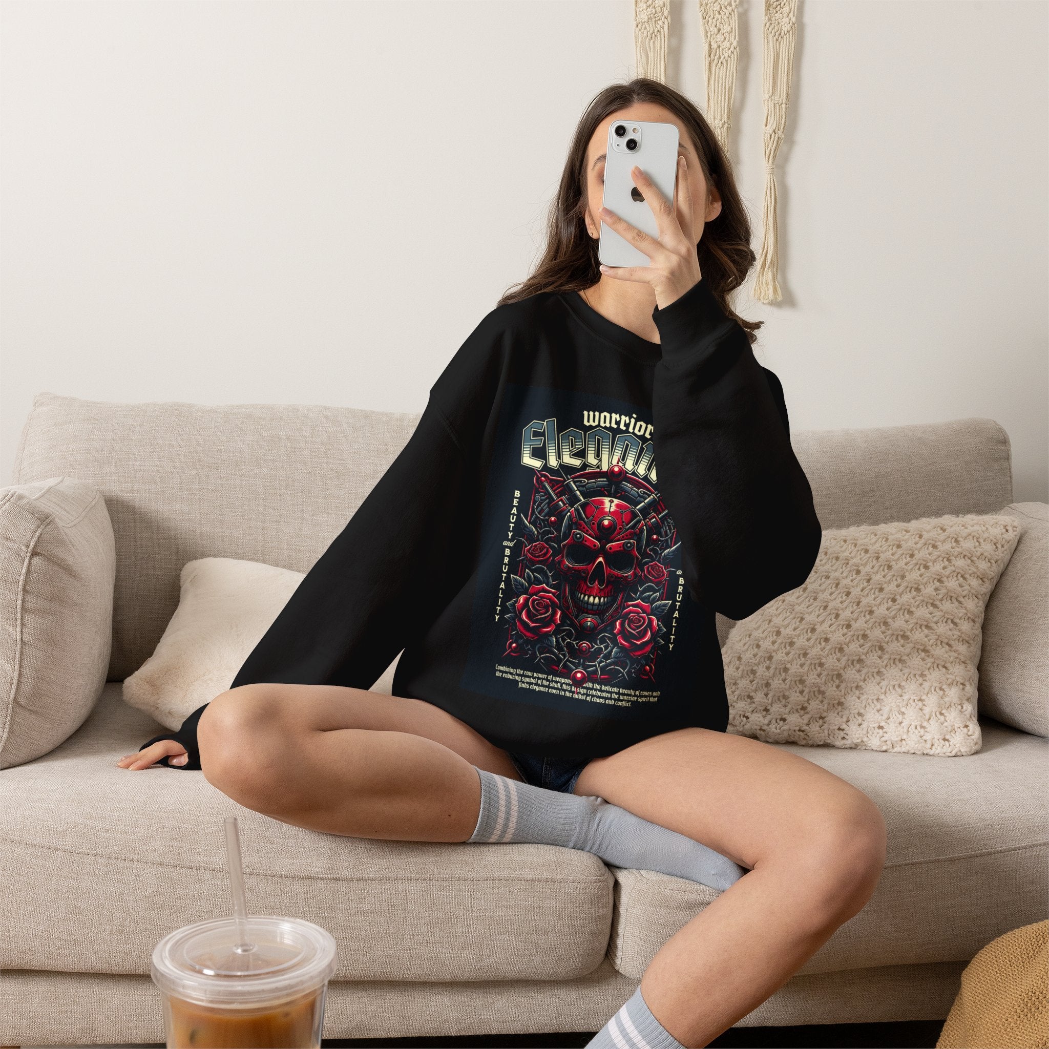 Crewneck Sweatshirt – "Warriors Electric" Skull & Roses Graphic