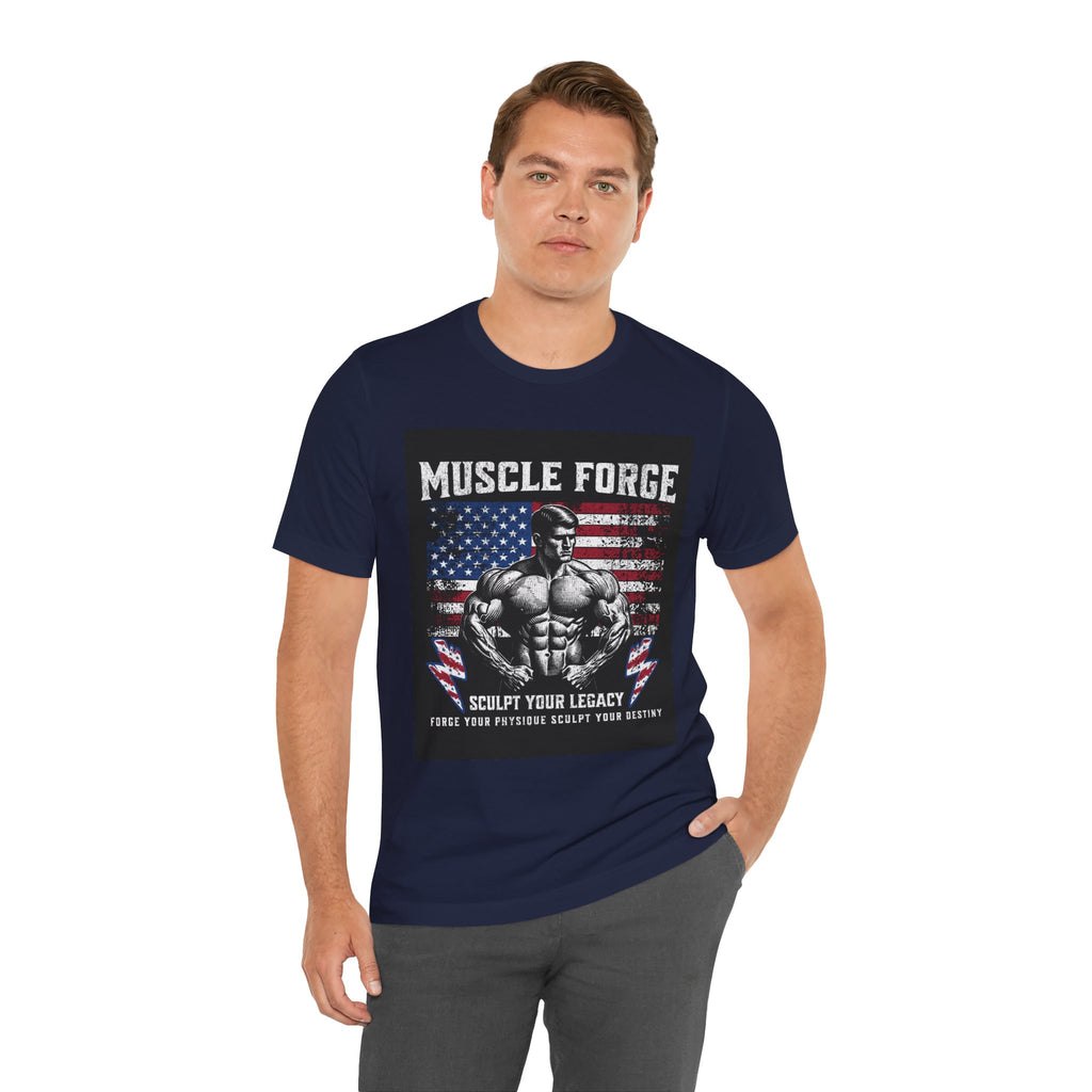 Muscle Forge American Flag Gym Tee — "Sculpt Your Legacy" Fitness T-Shirt