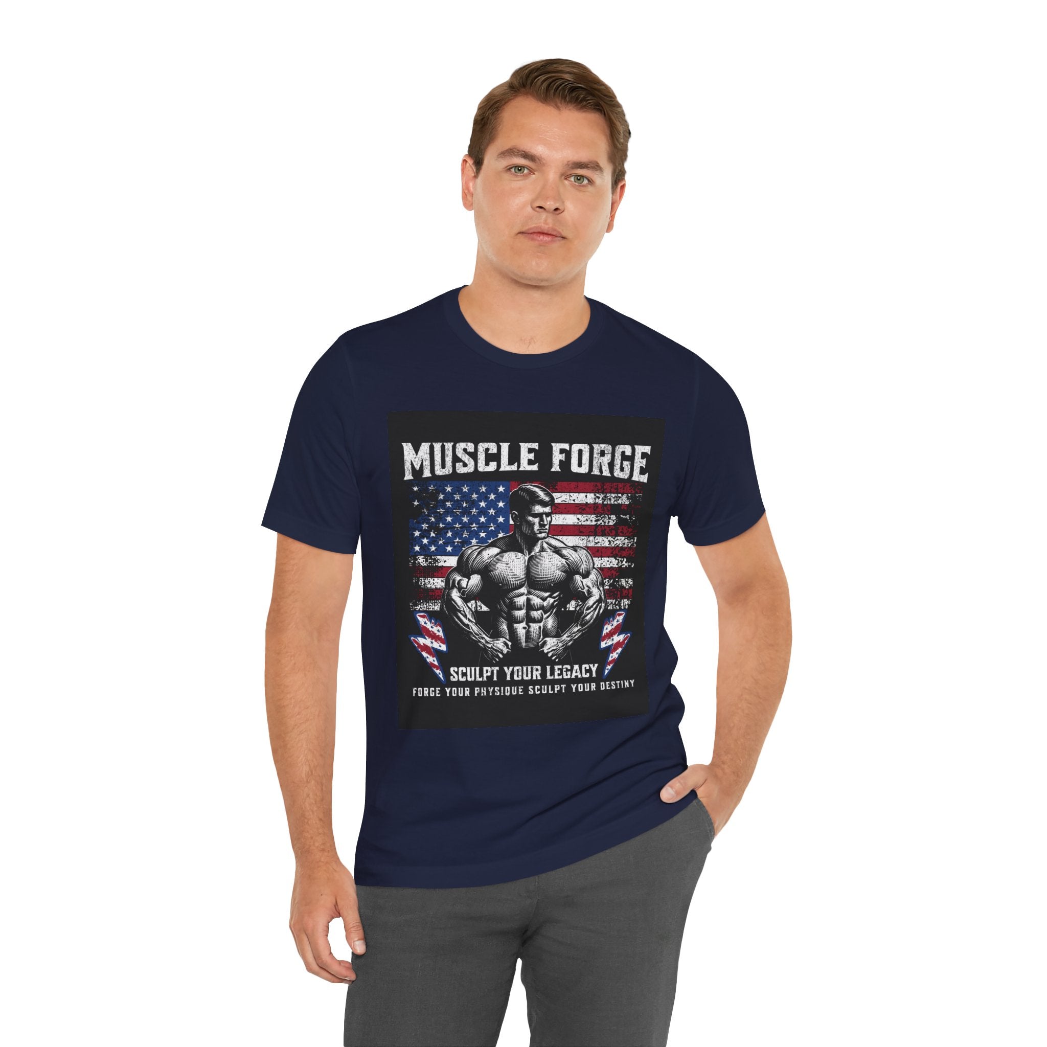 Muscle Forge American Flag Gym Tee — "Sculpt Your Legacy" Fitness T-Shirt