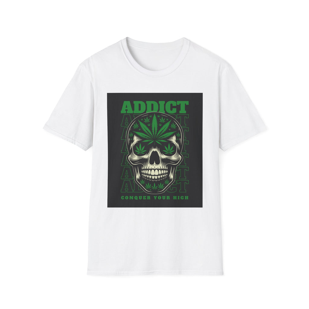 T‑Shirt — "Addict" Skull with Cannabis Leaf Graphic