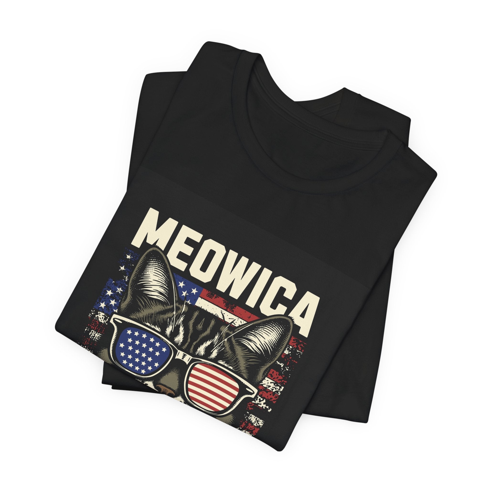 Meowica Cat Tee — Patriotic USA Flag Sunglasses Graphic T-Shirt
