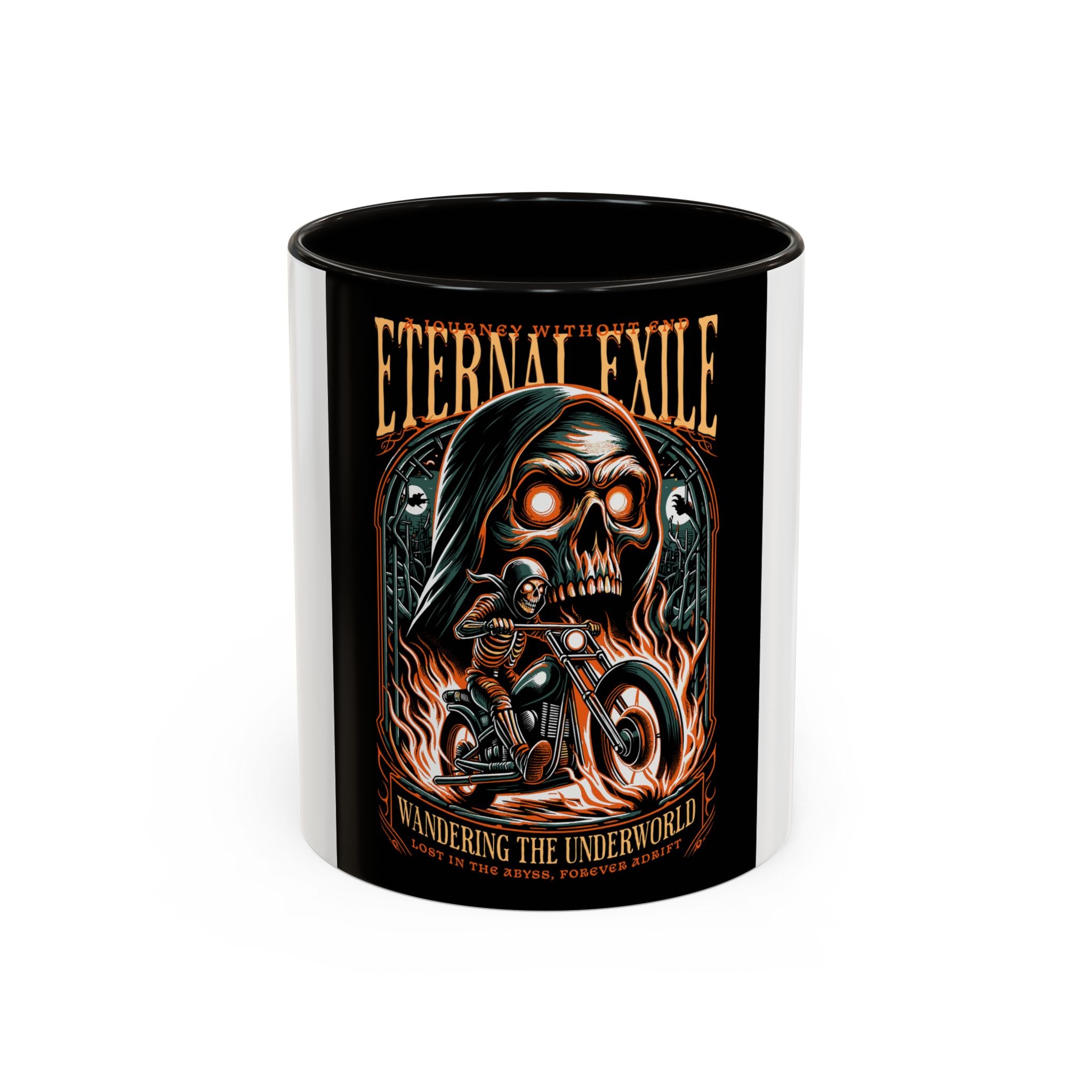 Eternal Exile Skull Biker Mug — Gothic Motorcycle Coffee Cup (11oz/15oz)