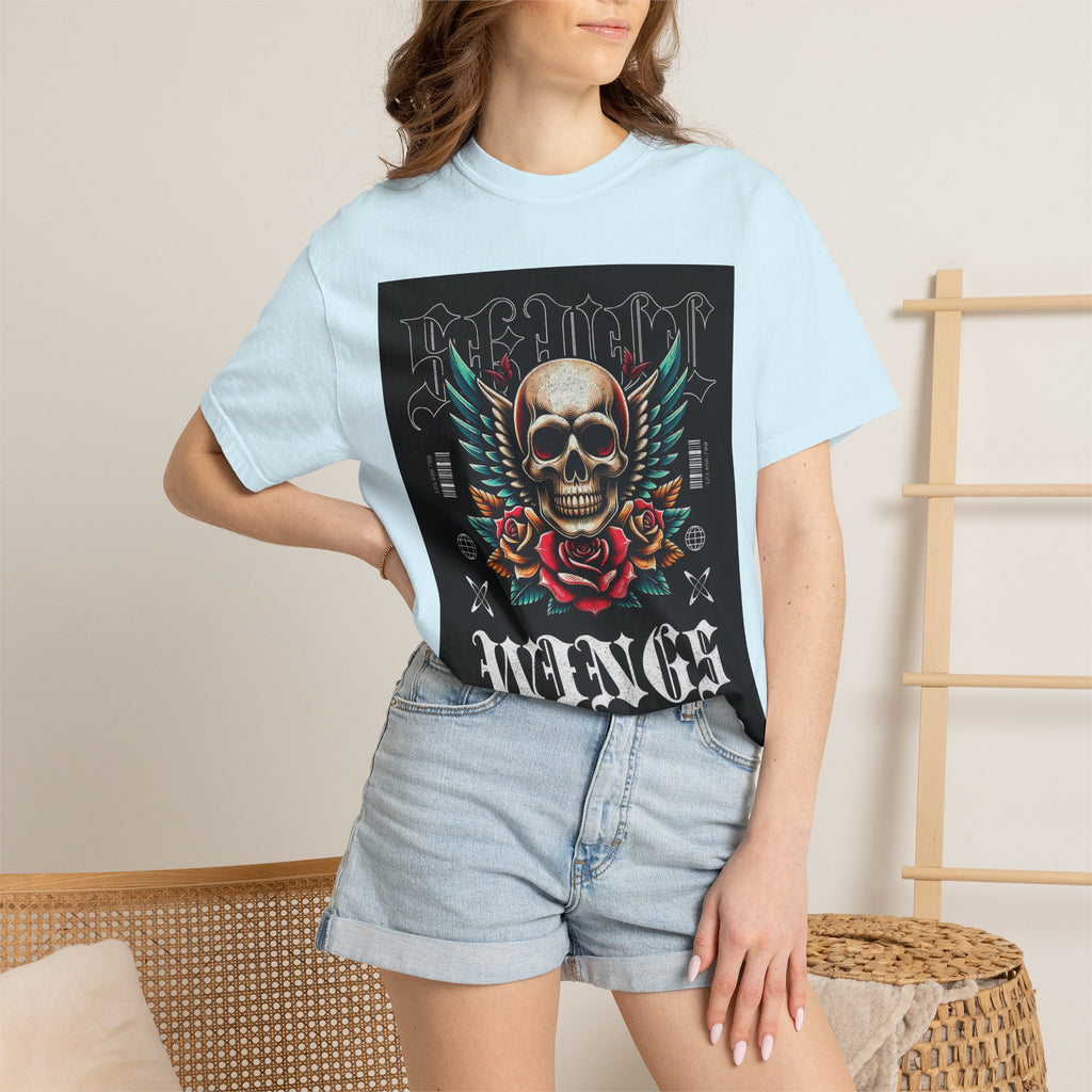 Skull Wings Graphic T-Shirt — Vintage Rock Tattoo Style with Roses