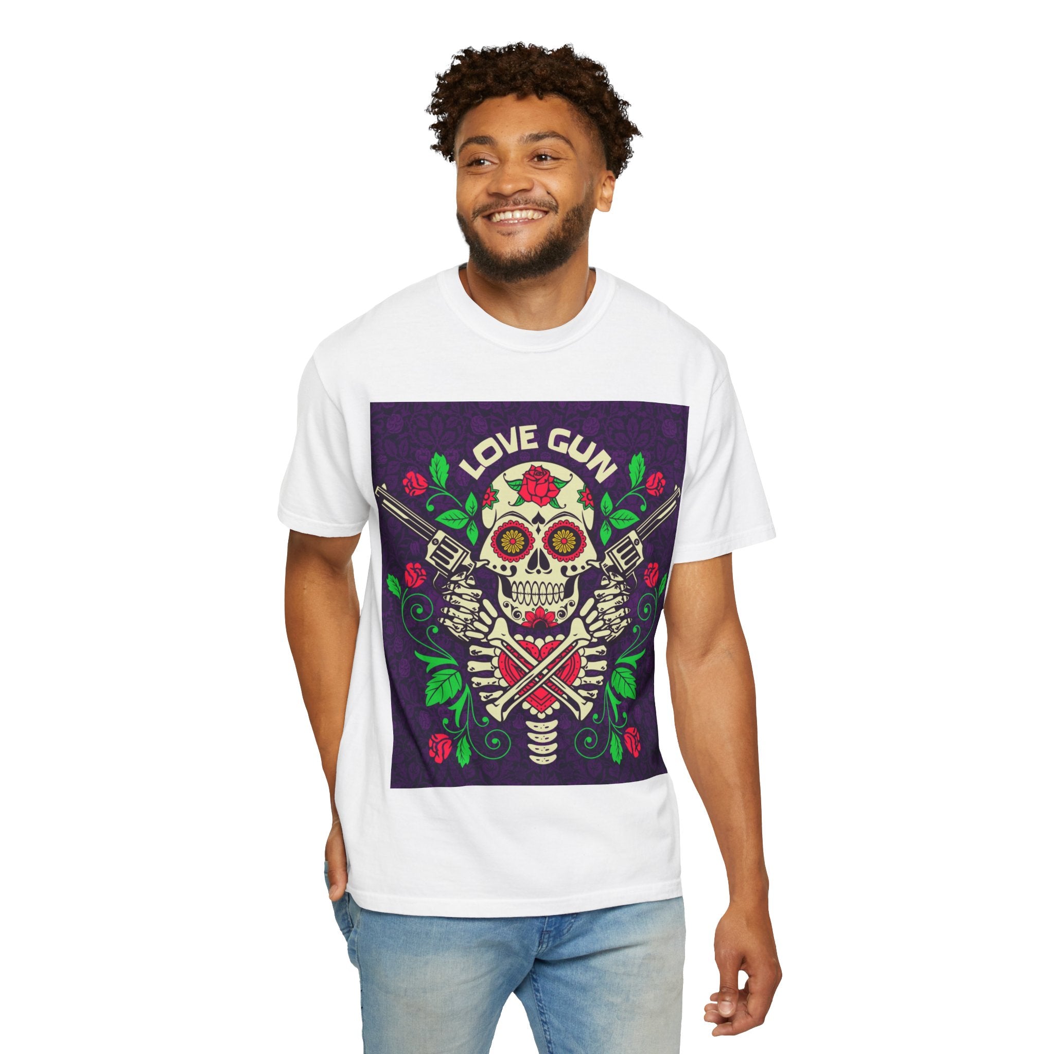 Love Gun Skull T‑Shirt — Day of the Dead Floral Graphic Tee