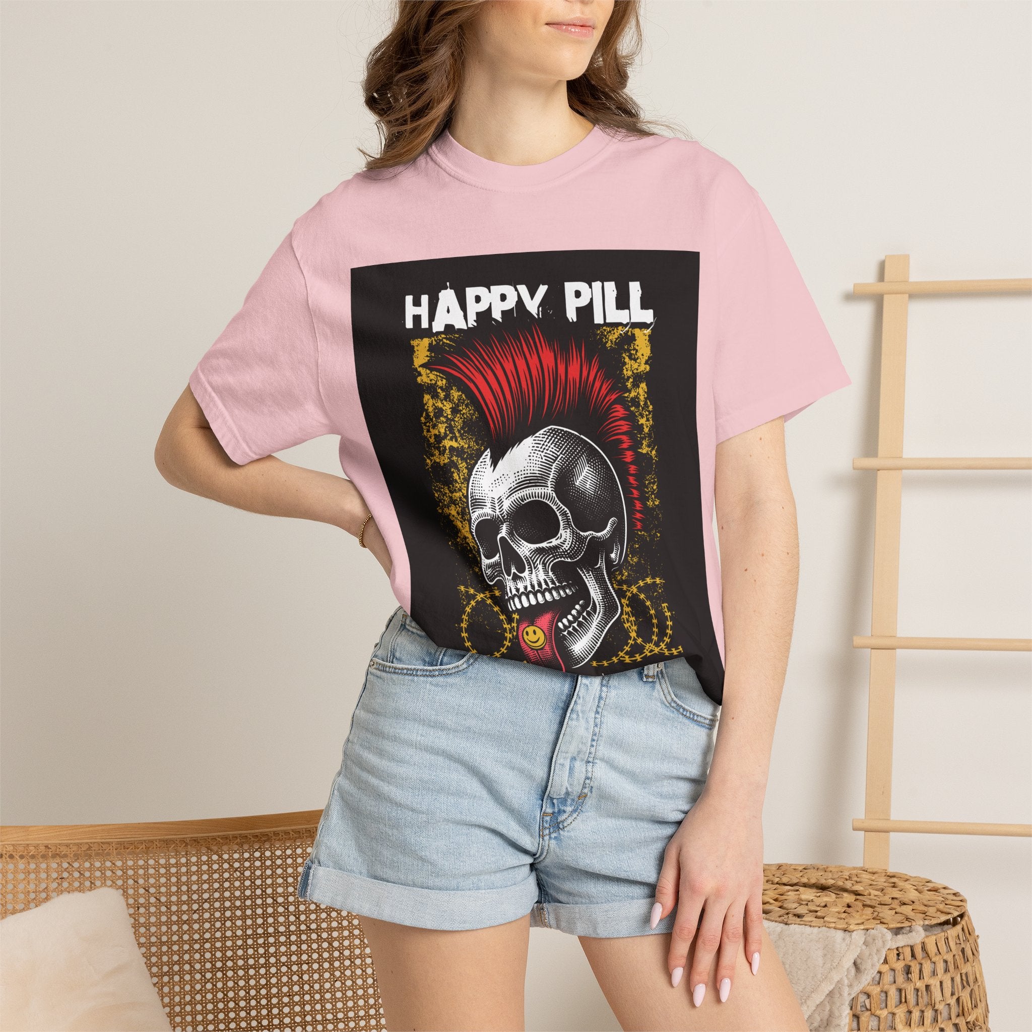 Happy Pill Punk Skull T-Shirt — 'Happy Pill Medication' Graphic Tee