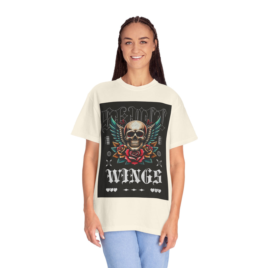 Skull Wings Graphic T-Shirt — Vintage Rock Tattoo Style with Roses