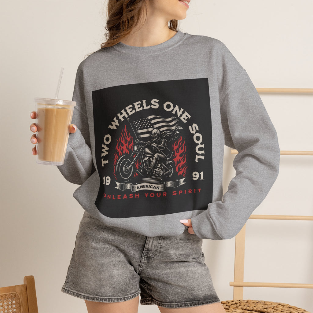 Motorcycle Crewneck Sweatshirt - "Two Wheels One Soul" Vintage Bike Graphic