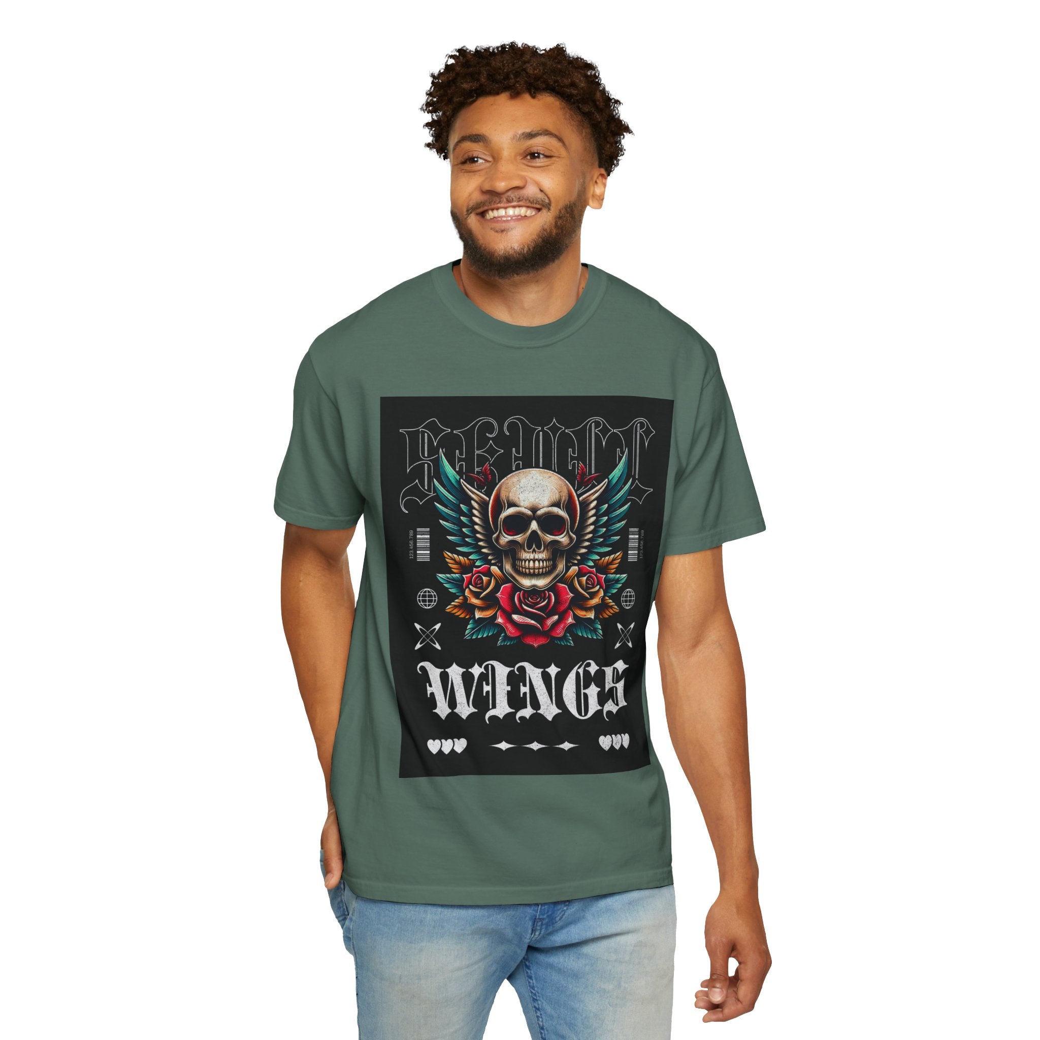 Skull Wings Graphic T-Shirt — Vintage Rock Tattoo Style with Roses