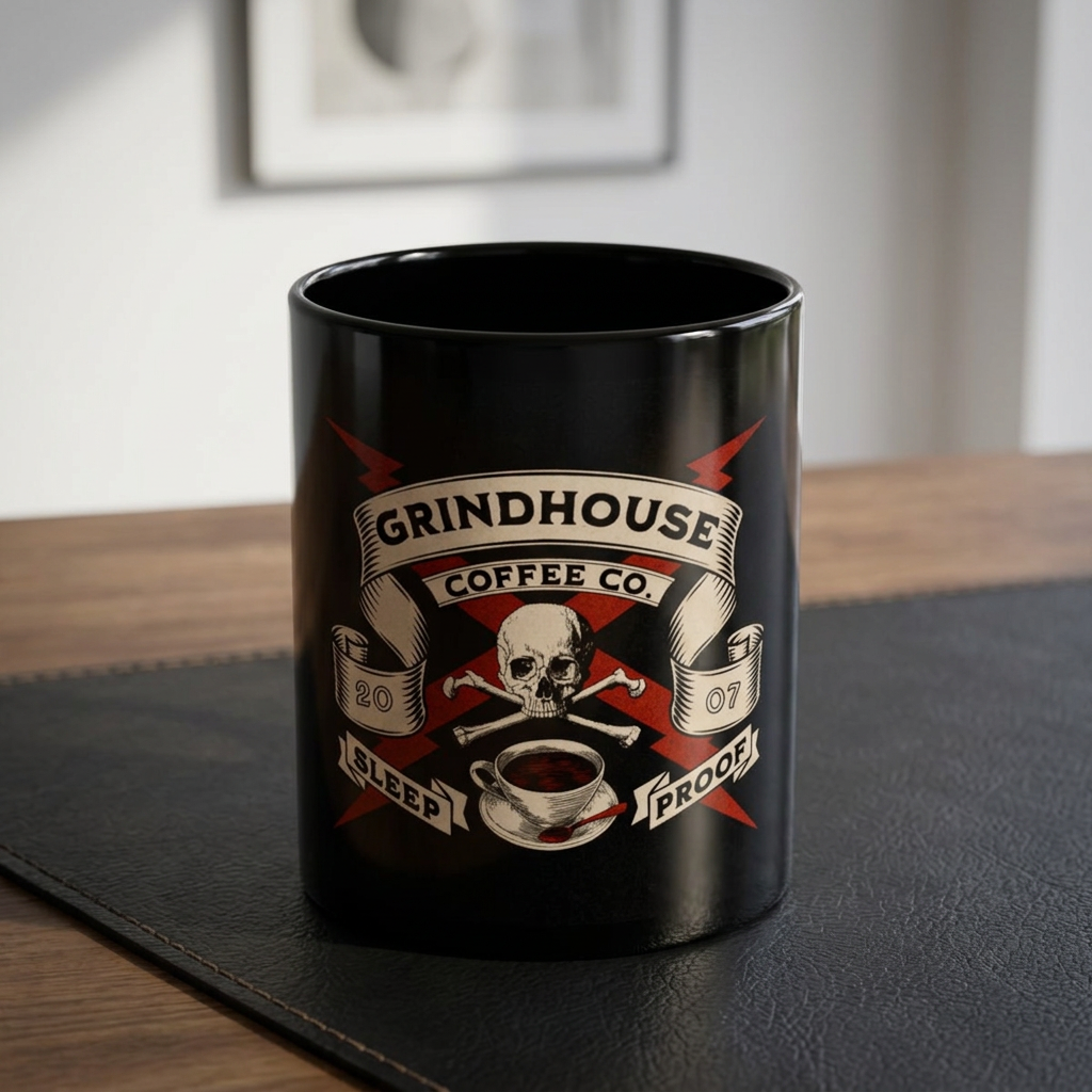 Grindhouse Coffee Co. Black Mug – Skull & Crossbones Coffee Cup (11oz/15oz)