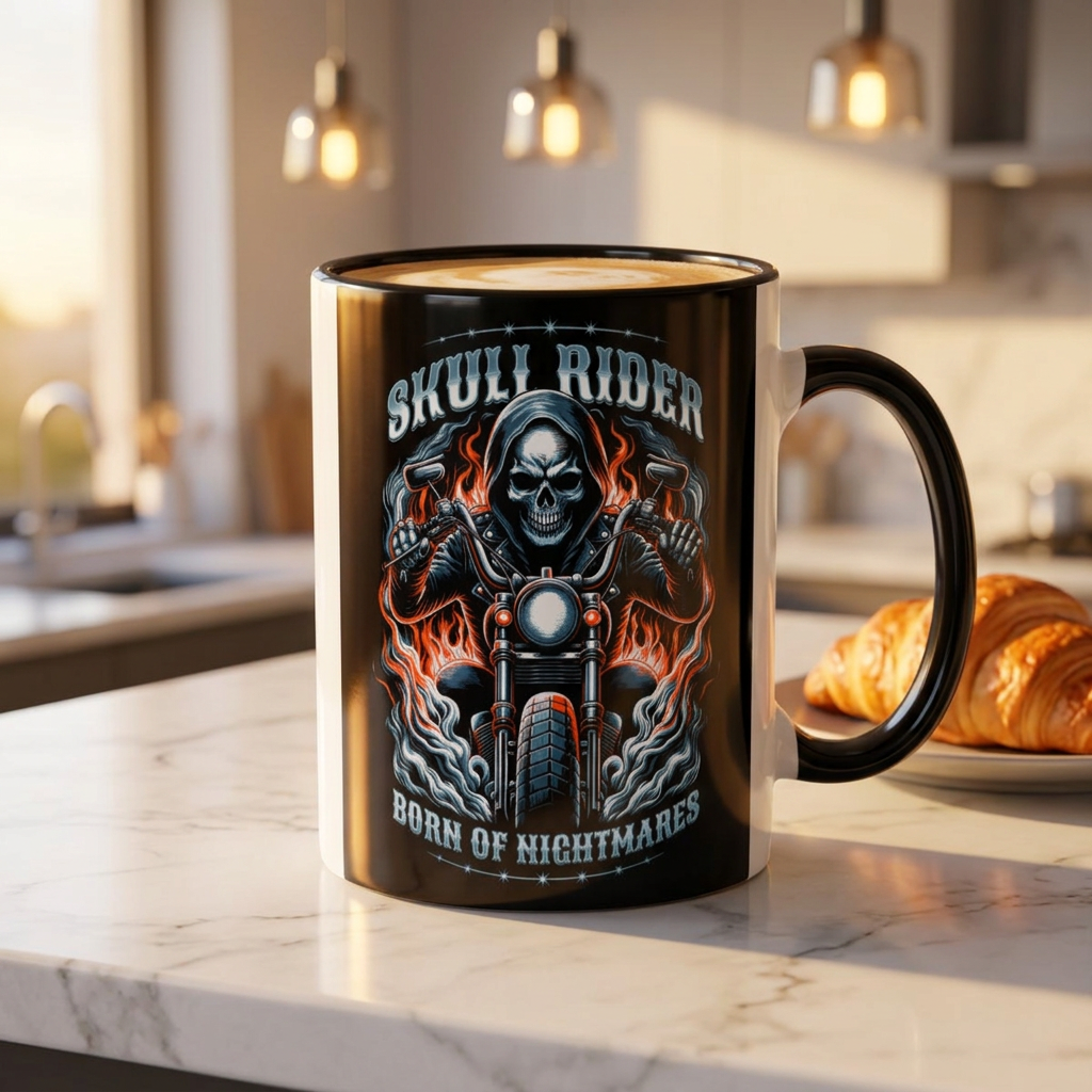 Skull Rider Motorcycle Mug – "Born of Nightmares" Biker Coffee Cup (11oz/15oz)