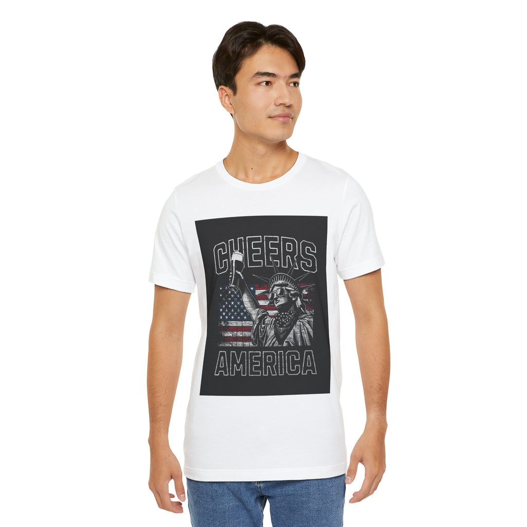 Cheers America T-Shirt — Statue of Liberty Holding Beer & Flag Patriotic Tee