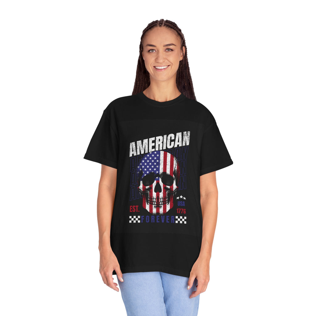 American Skull Flag T-Shirt — "American Forever" Patriotic Graphic Tee