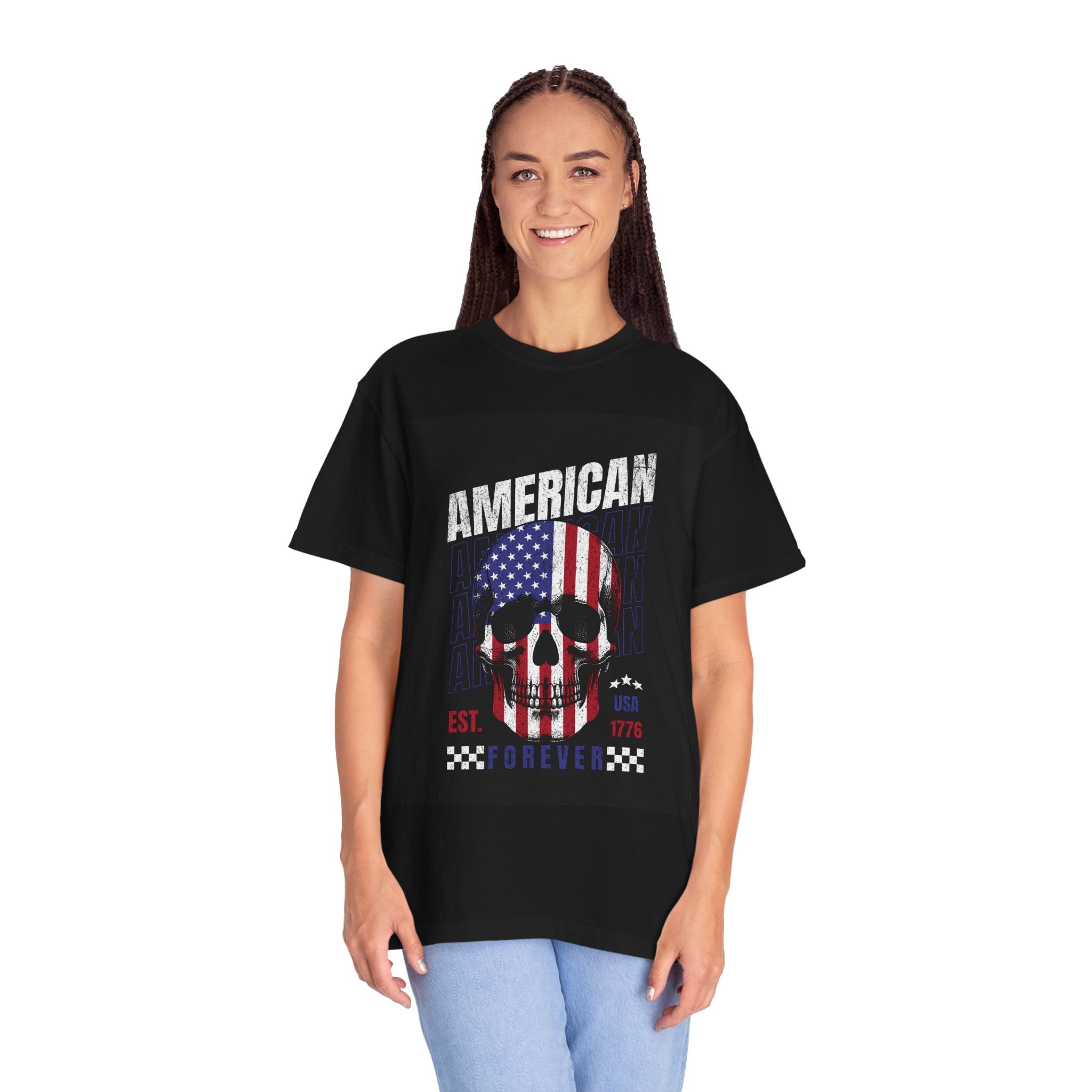 American Skull Flag T-Shirt — "American Forever" Patriotic Graphic Tee