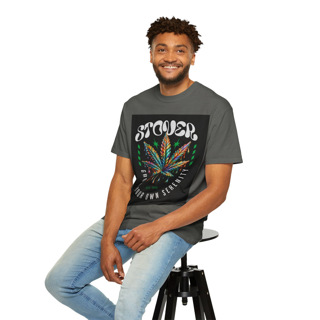 T-Shirt — Stover "Grow Your Own Serenity" Colorful Cannabis Leaf Graphic