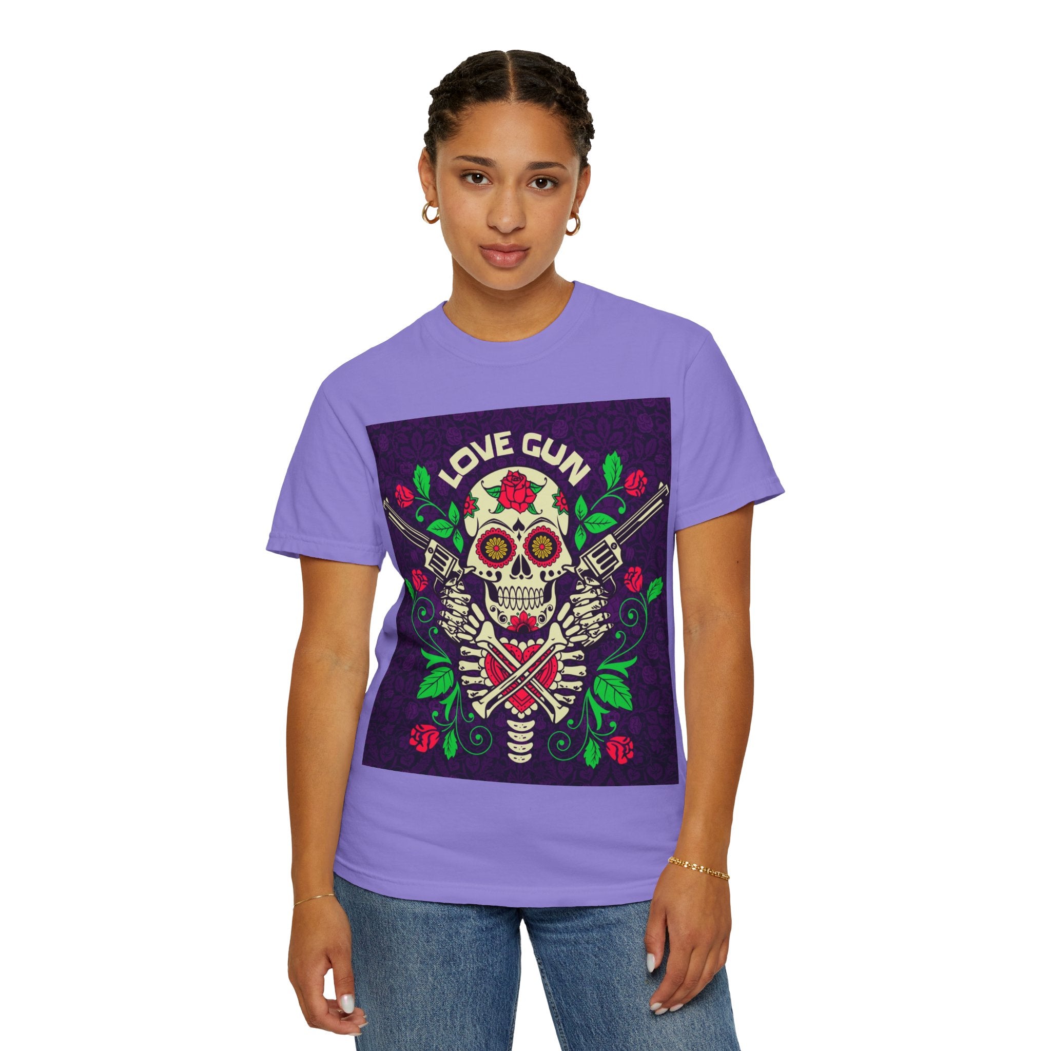 Love Gun Skull T‑Shirt — Day of the Dead Floral Graphic Tee