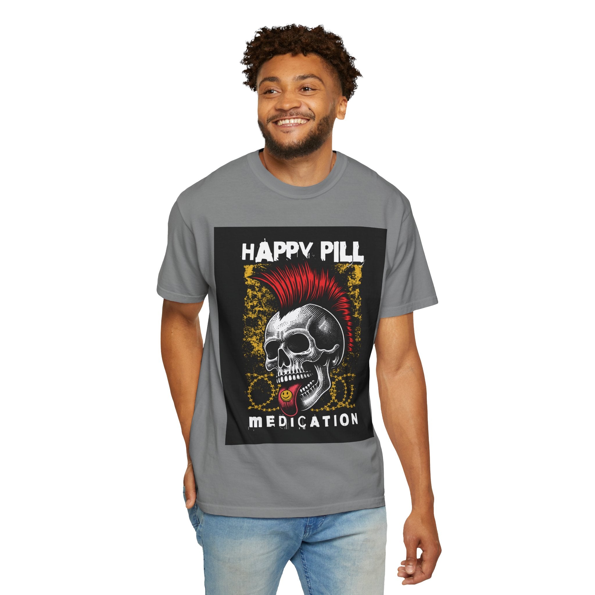 Happy Pill Punk Skull T-Shirt — 'Happy Pill Medication' Graphic Tee