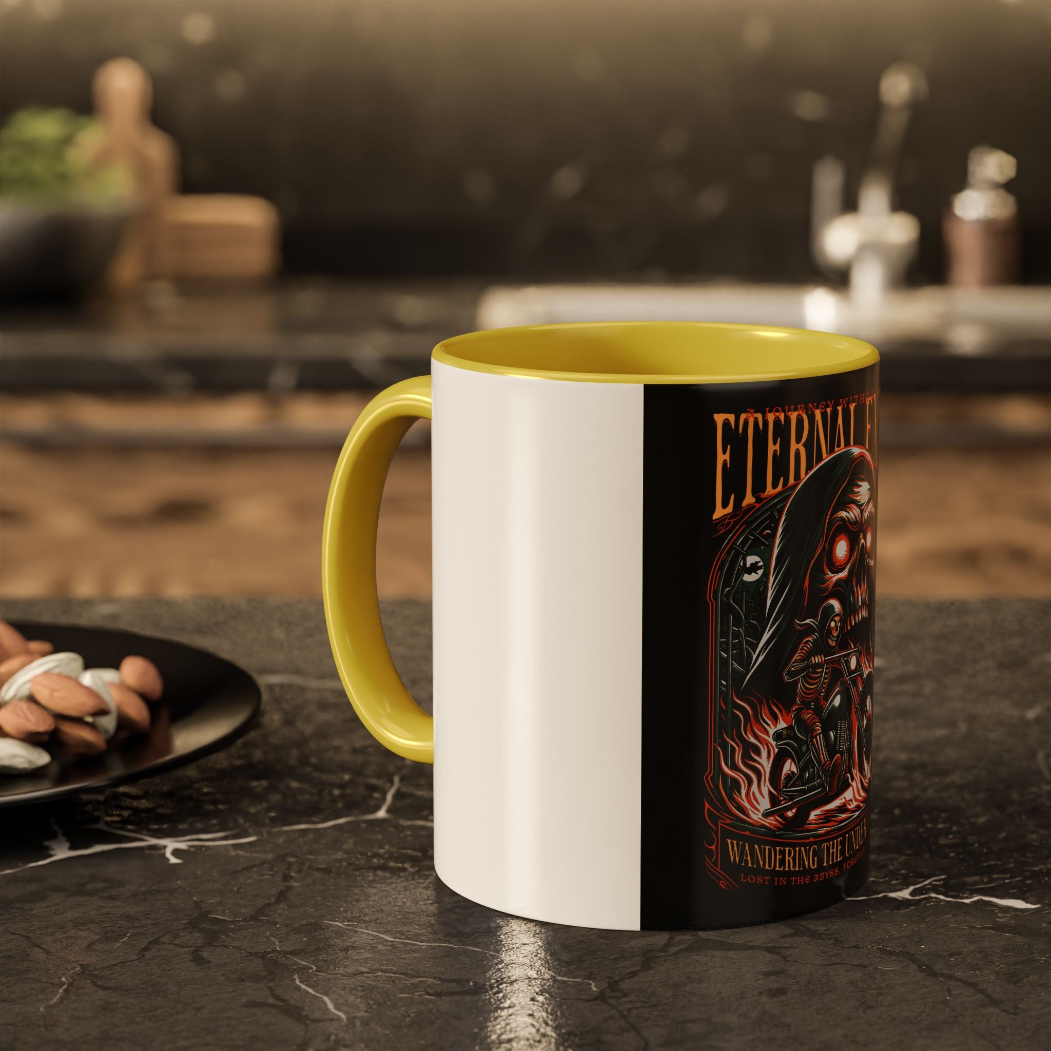 Eternal Exile Skull Biker Mug — Gothic Motorcycle Coffee Cup (11oz/15oz)