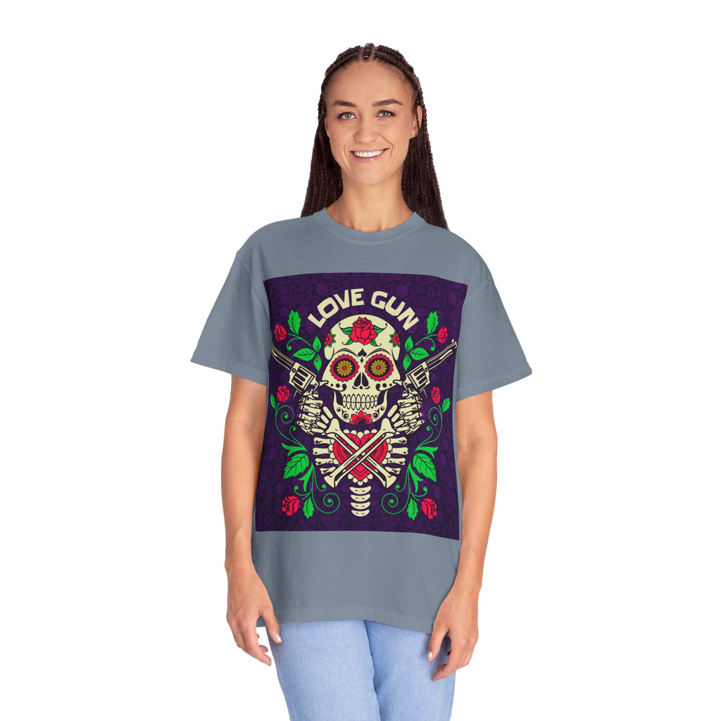 Love Gun Skull T‑Shirt — Day of the Dead Floral Graphic Tee