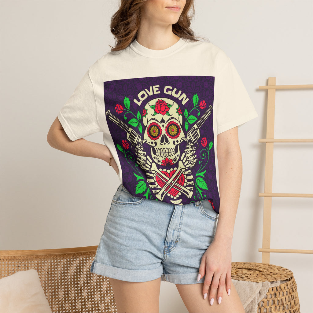 Love Gun Skull T‑Shirt — Day of the Dead Floral Graphic Tee