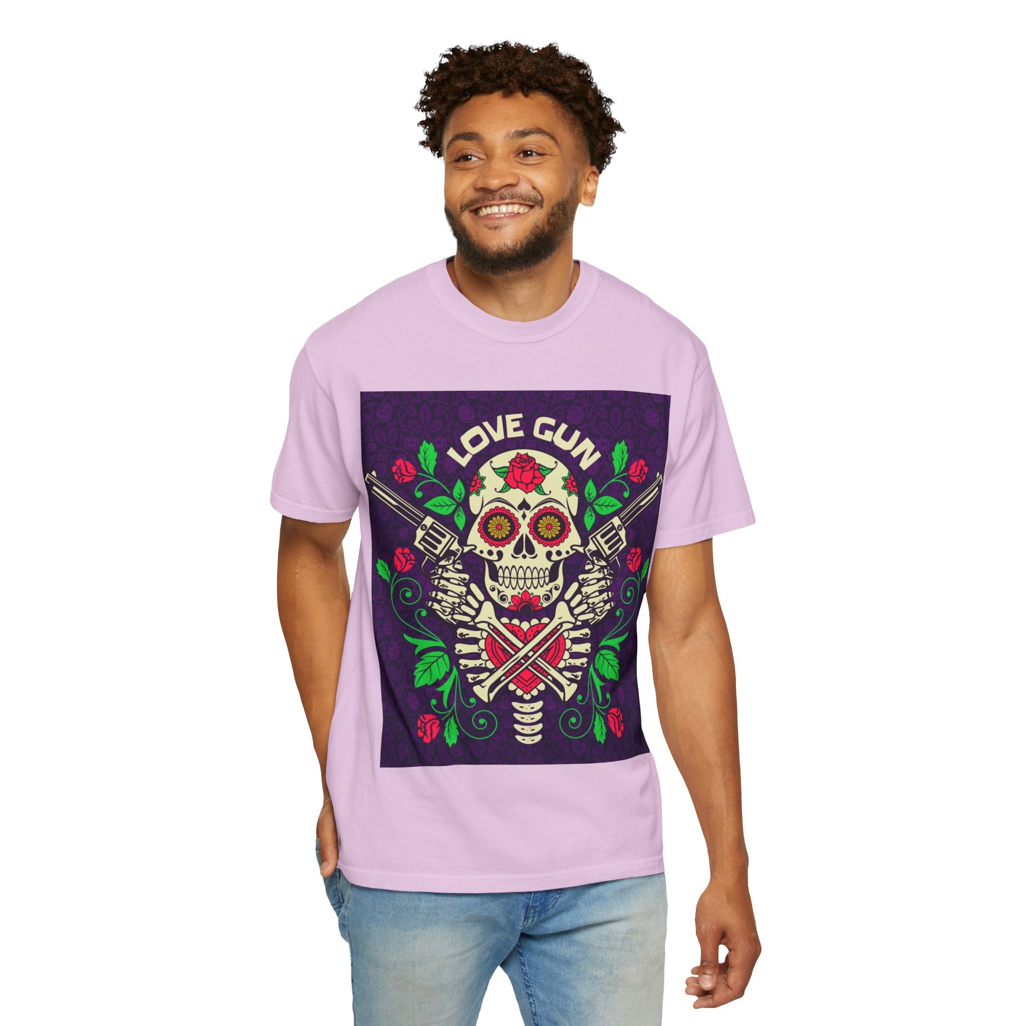Love Gun Skull T‑Shirt — Day of the Dead Floral Graphic Tee