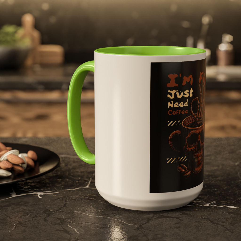 Skull Coffee Mug – "I'm Fine Just Need Coffee" Gothic Ceramic Mug