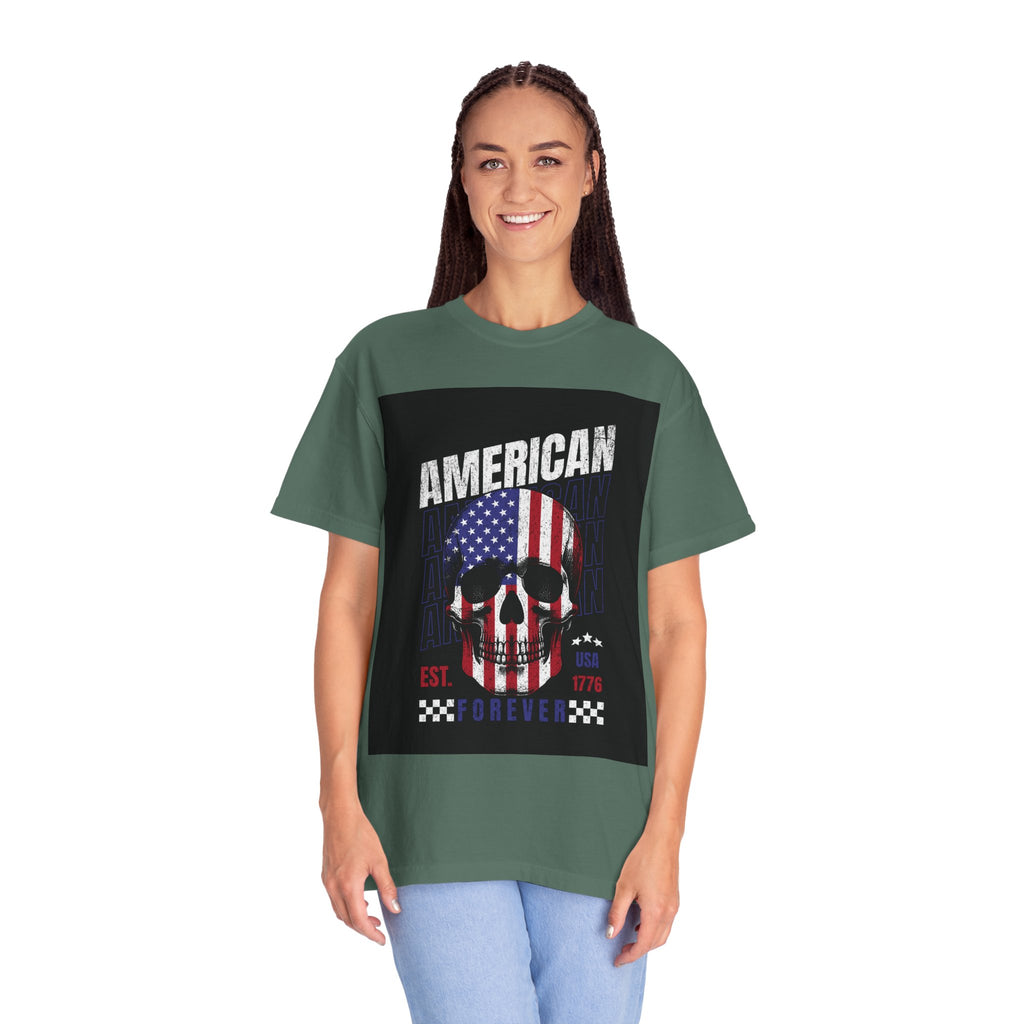 American Skull Flag T-Shirt — "American Forever" Patriotic Graphic Tee