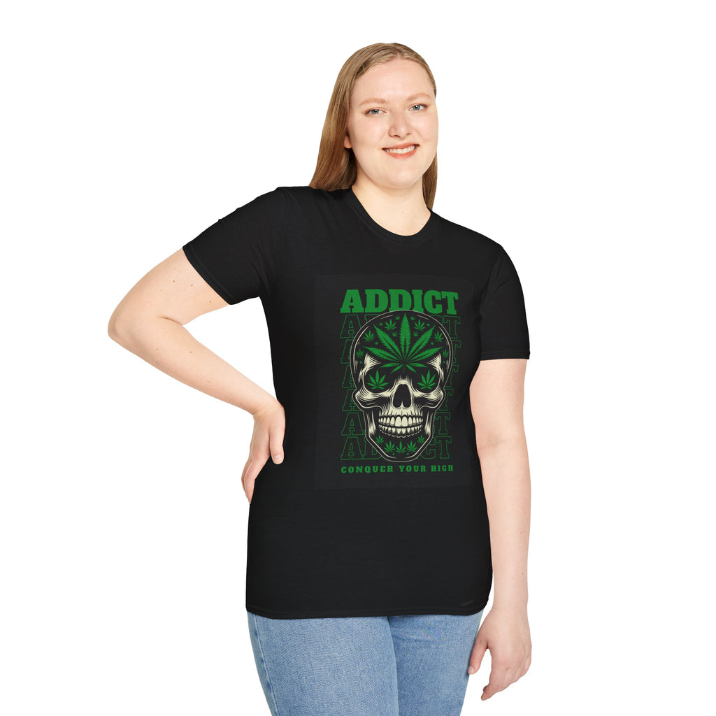 T‑Shirt — "Addict" Skull with Cannabis Leaf Graphic