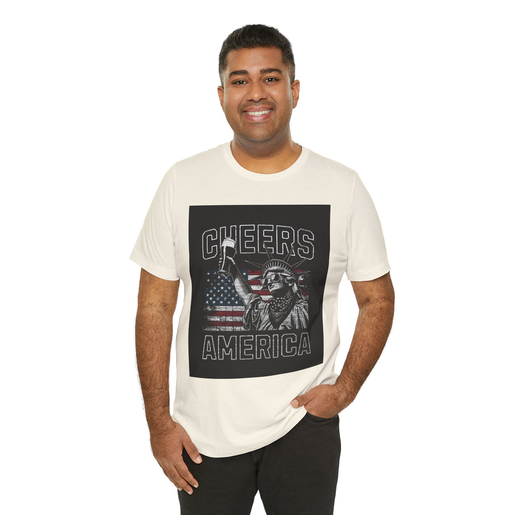 Cheers America T-Shirt — Statue of Liberty Holding Beer & Flag Patriotic Tee