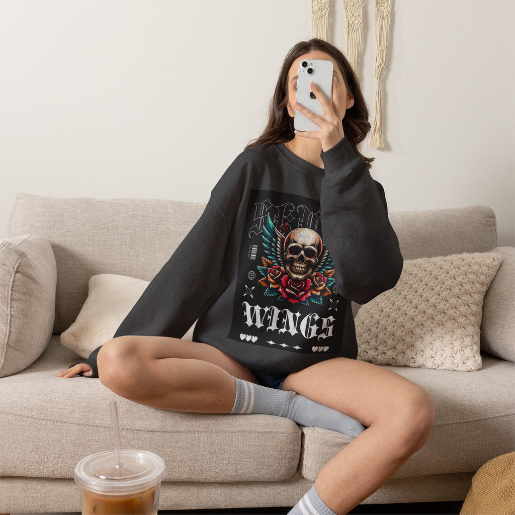 Skull Wings Crewneck Sweatshirt — Vintage Tattoo Skull with Rose Graphic