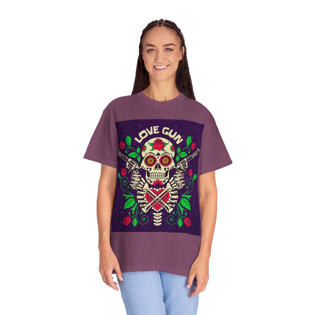 Love Gun Skull T‑Shirt — Day of the Dead Floral Graphic Tee