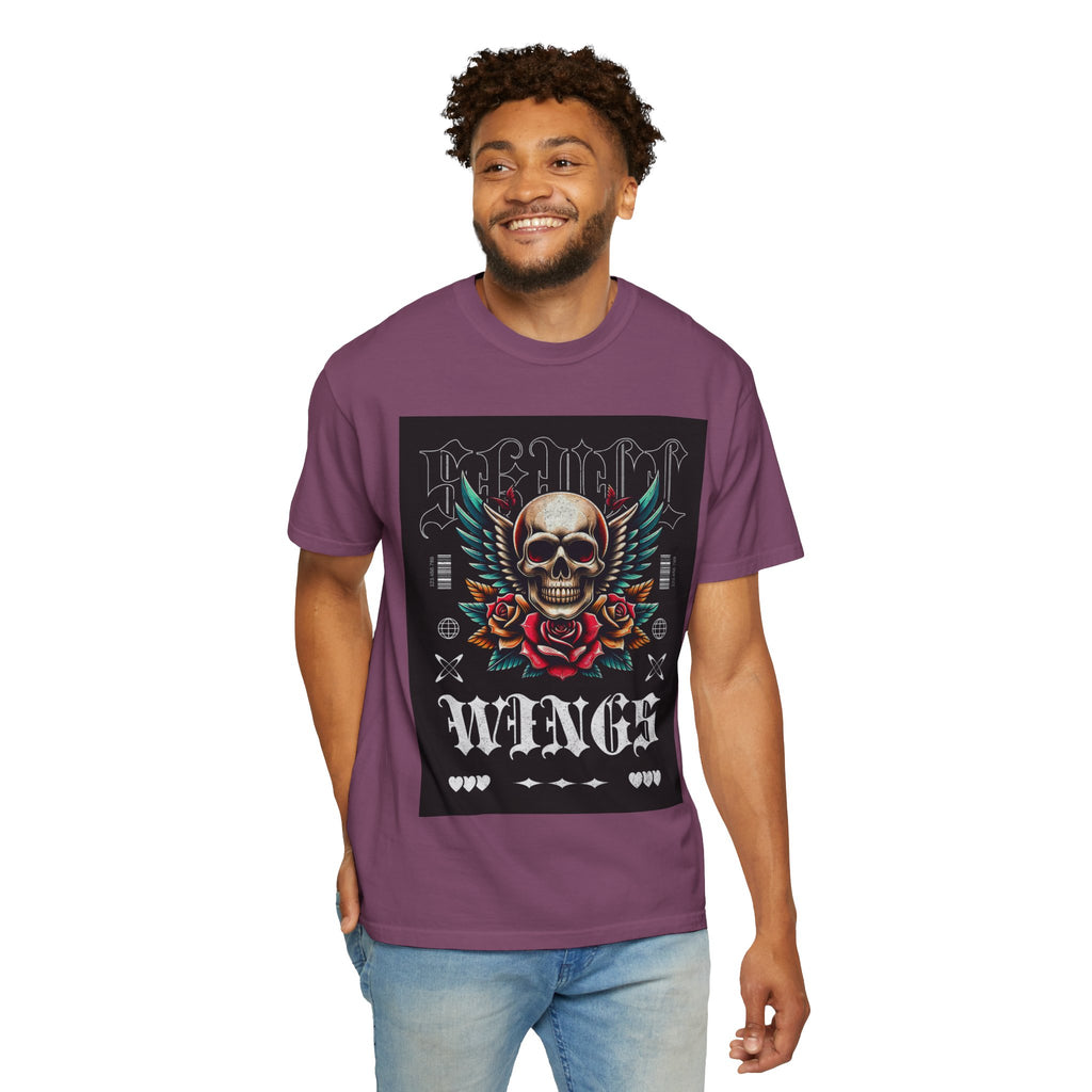 Skull Wings Graphic T-Shirt — Vintage Rock Tattoo Style with Roses