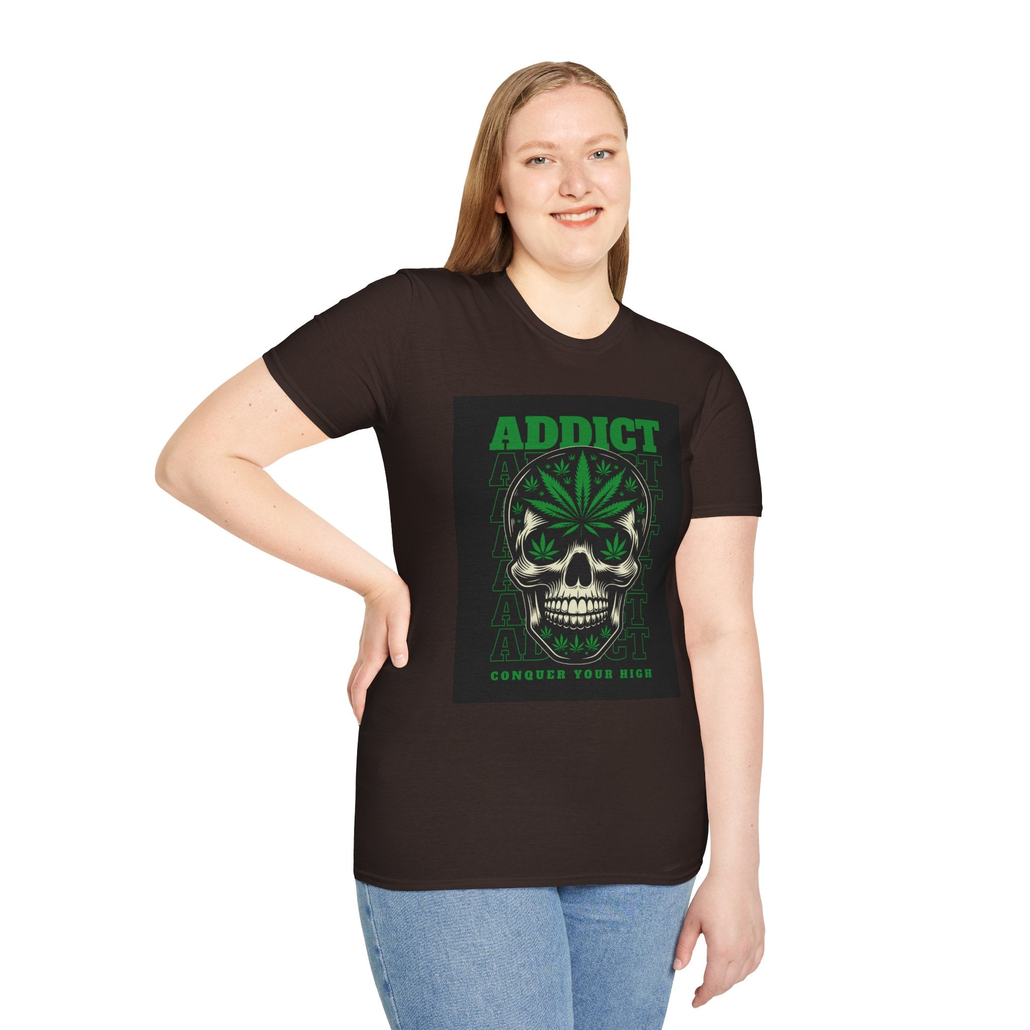 T‑Shirt — "Addict" Skull with Cannabis Leaf Graphic