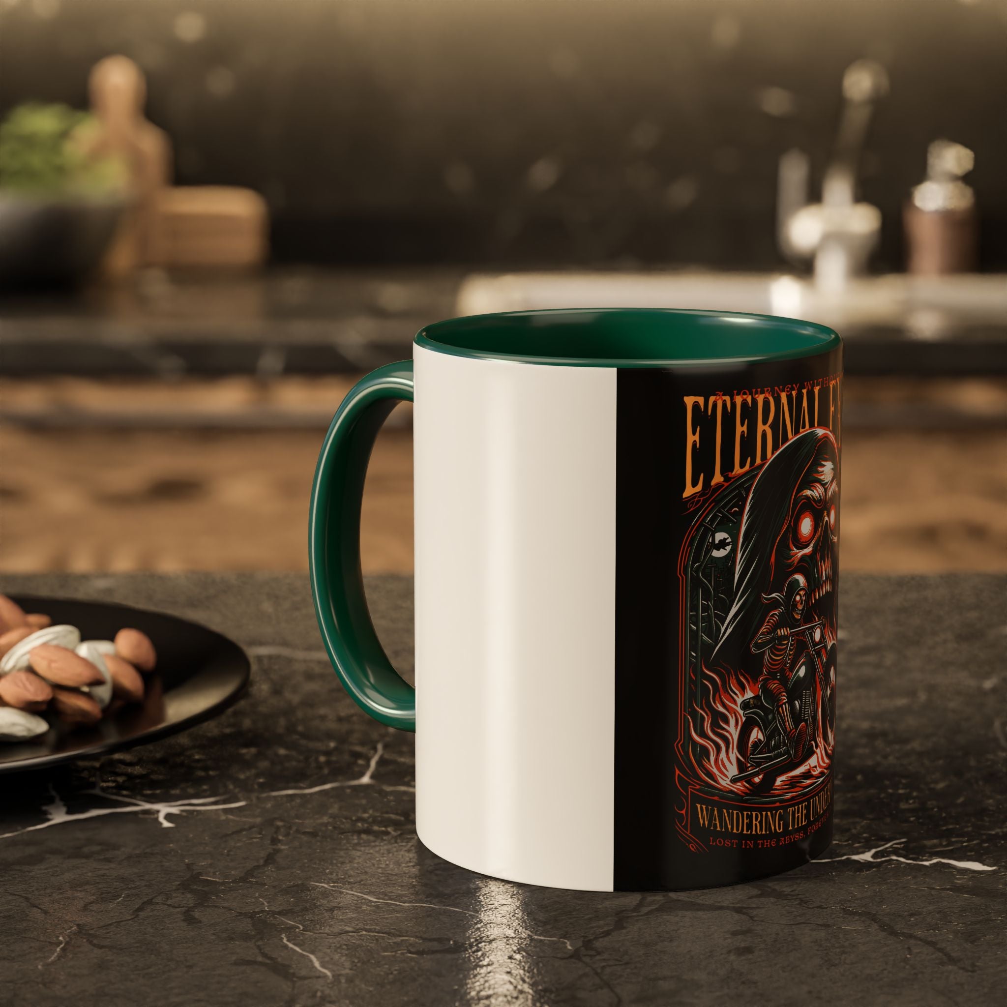 Eternal Exile Skull Biker Mug — Gothic Motorcycle Coffee Cup (11oz/15oz)