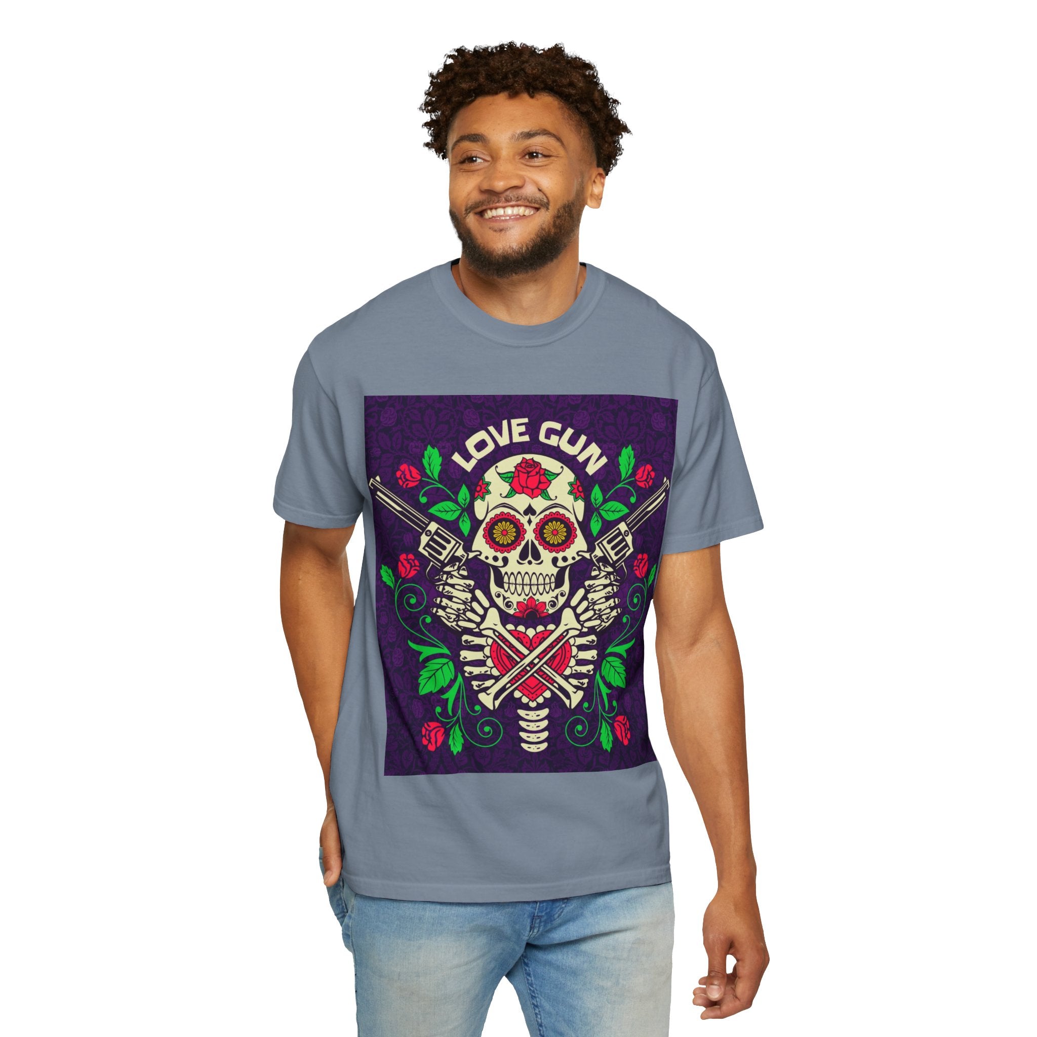 Love Gun Skull T‑Shirt — Day of the Dead Floral Graphic Tee