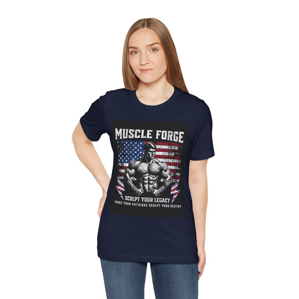 Muscle Forge American Flag Gym Tee — "Sculpt Your Legacy" Fitness T-Shirt