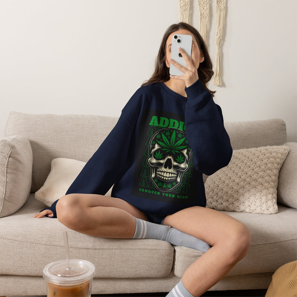 Skull & Cannabis 'Addict' Crewneck Sweatshirt — Conquer Your High Graphic Sweatshirt