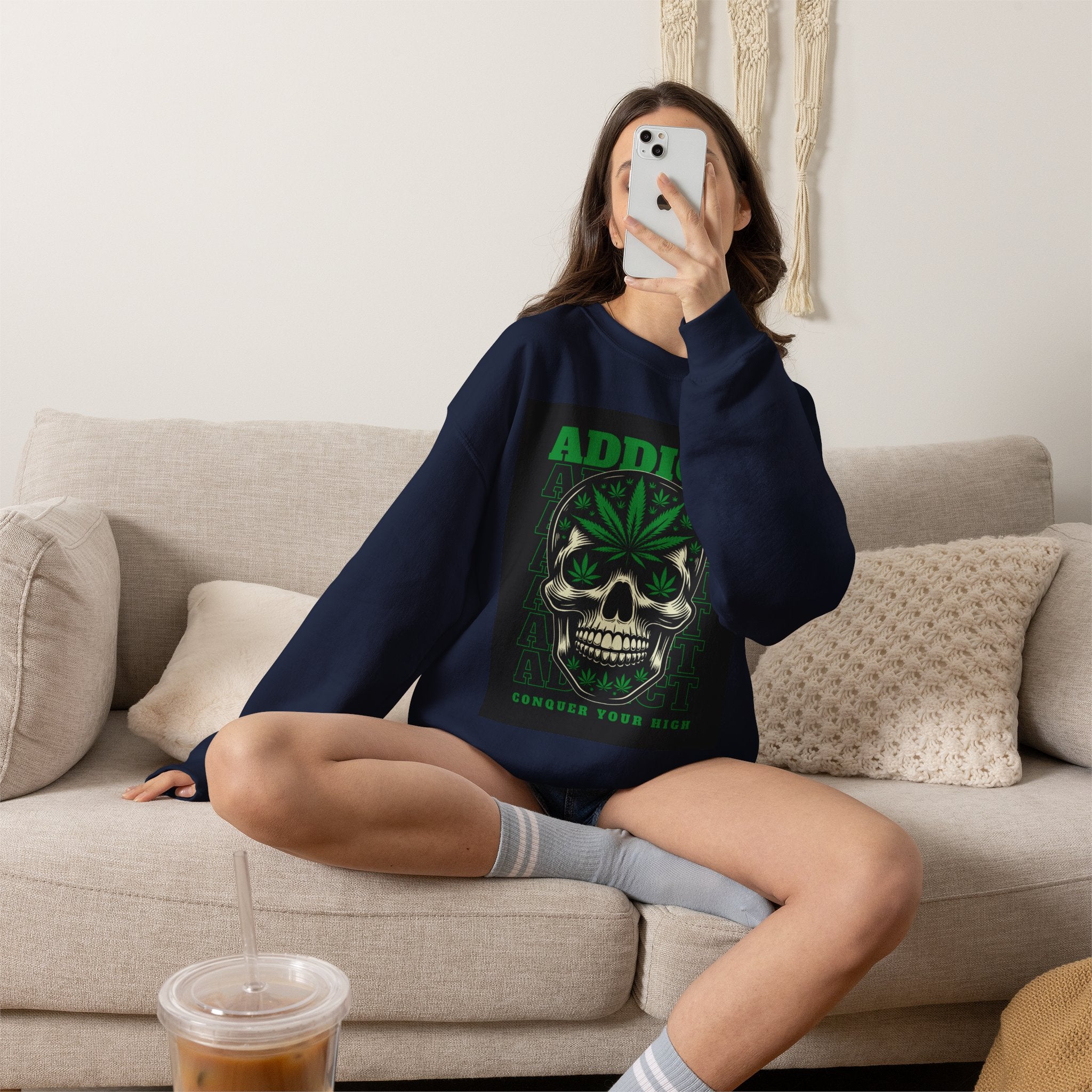 Skull & Cannabis 'Addict' Crewneck Sweatshirt — Conquer Your High Graphic Sweatshirt