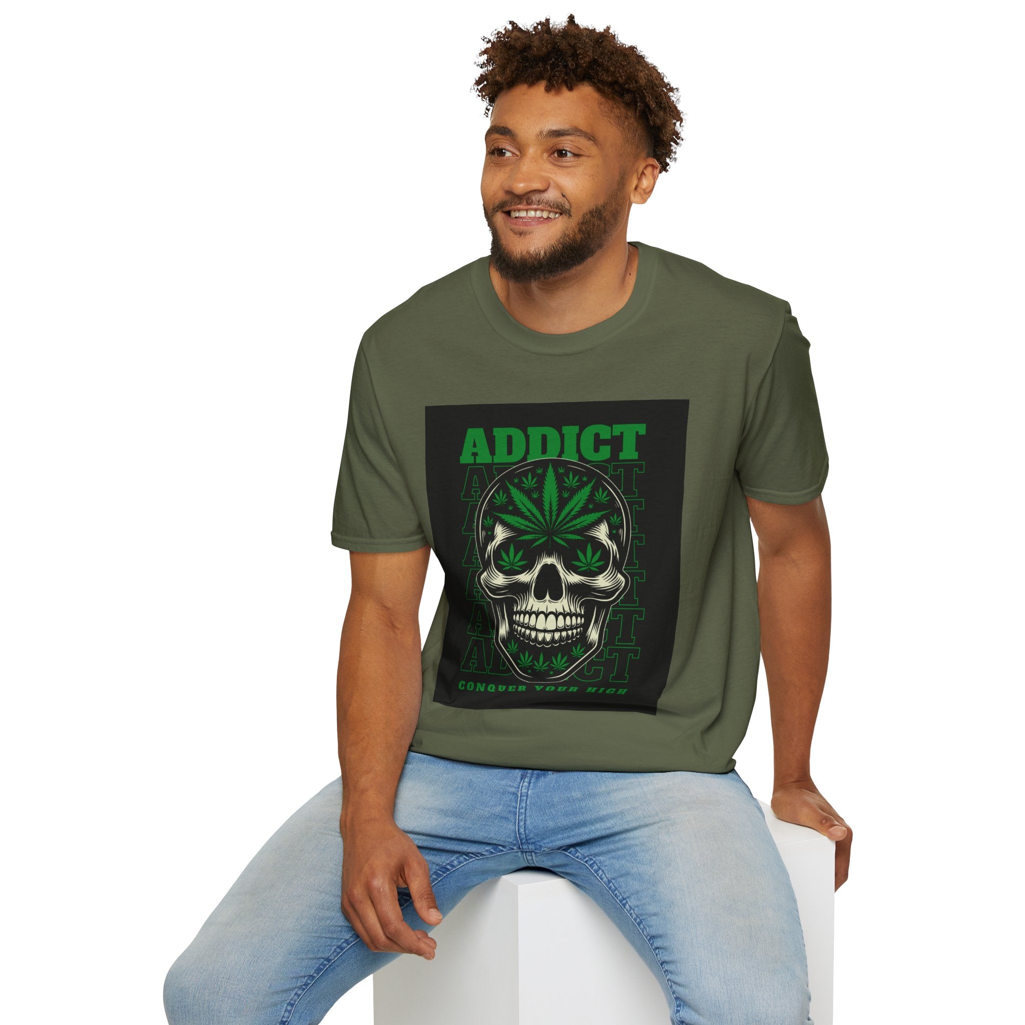 T‑Shirt — "Addict" Skull with Cannabis Leaf Graphic