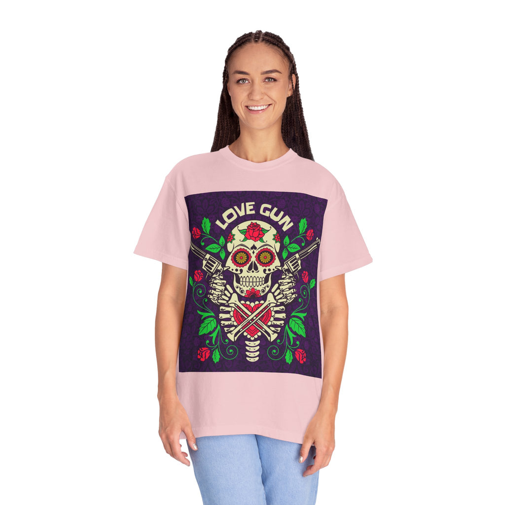Love Gun Skull T‑Shirt — Day of the Dead Floral Graphic Tee