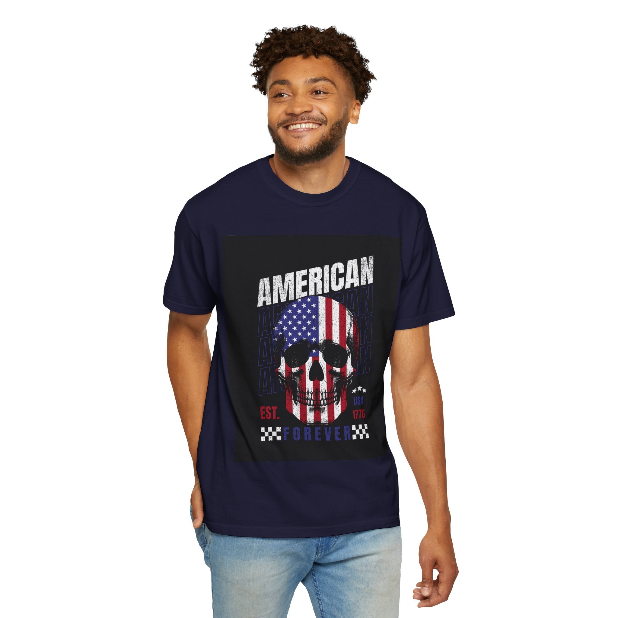 American Skull Flag T-Shirt — "American Forever" Patriotic Graphic Tee