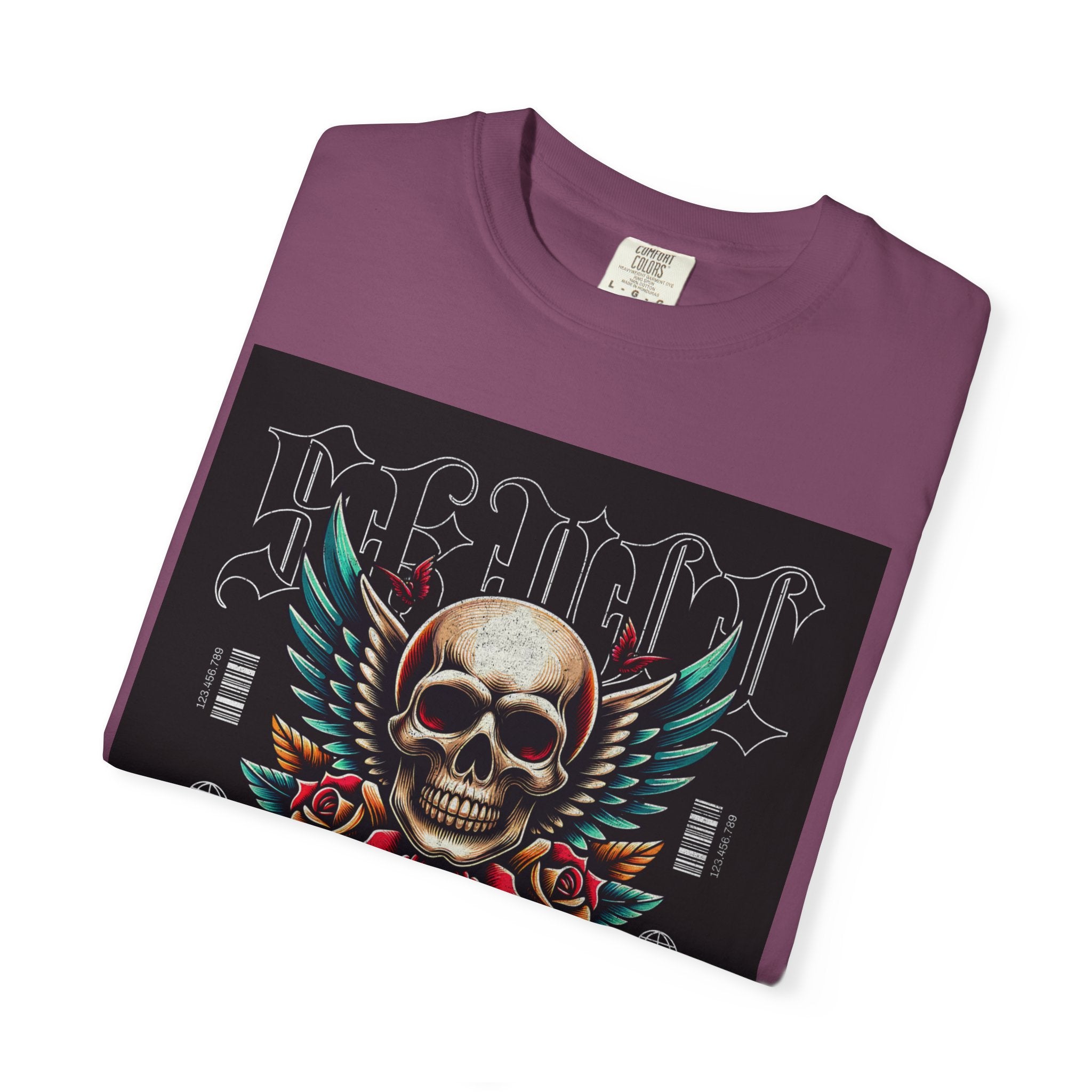 Skull Wings Graphic T-Shirt — Vintage Rock Tattoo Style with Roses