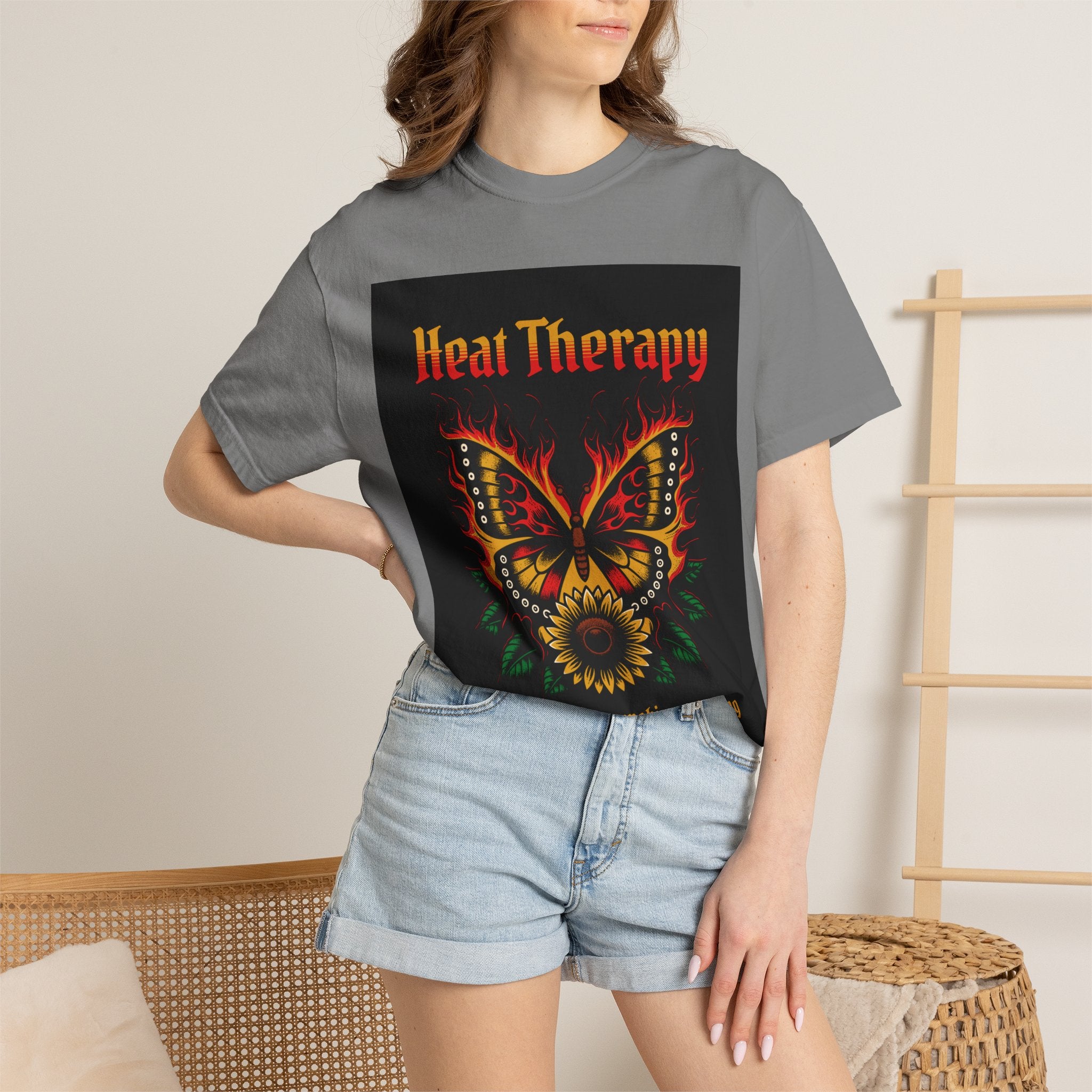 Heat Therapy Butterfly T-Shirt — Retro Floral Sunflower Design