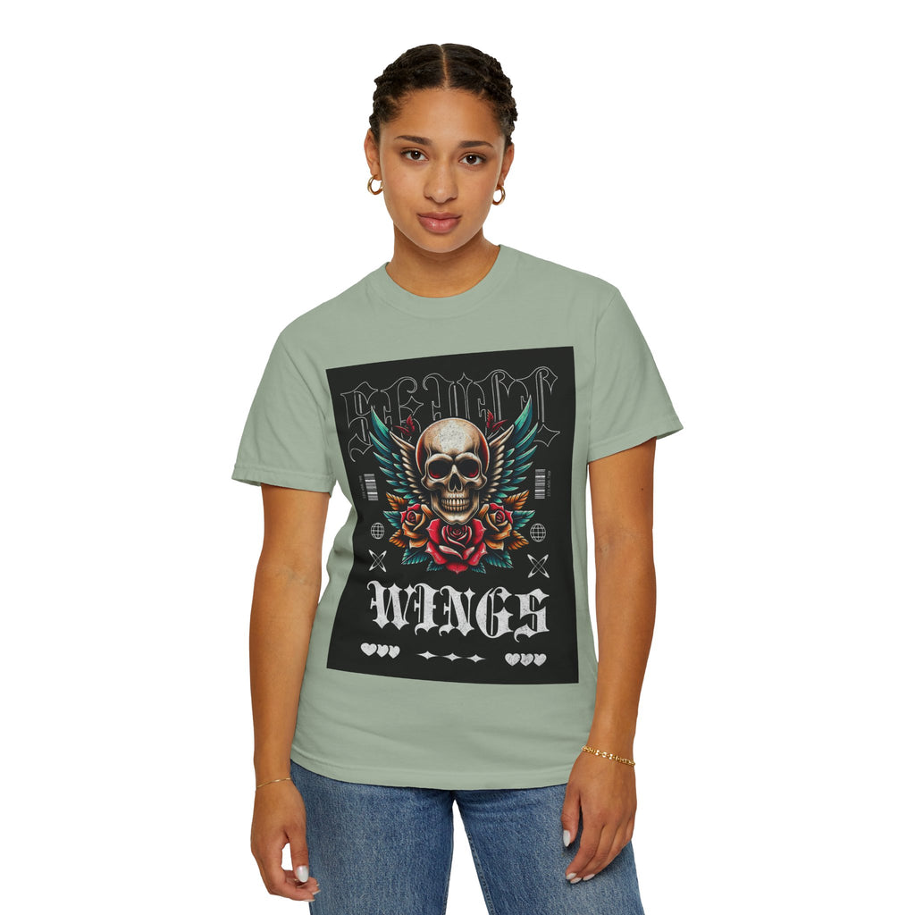 Skull Wings Graphic T-Shirt — Vintage Rock Tattoo Style with Roses