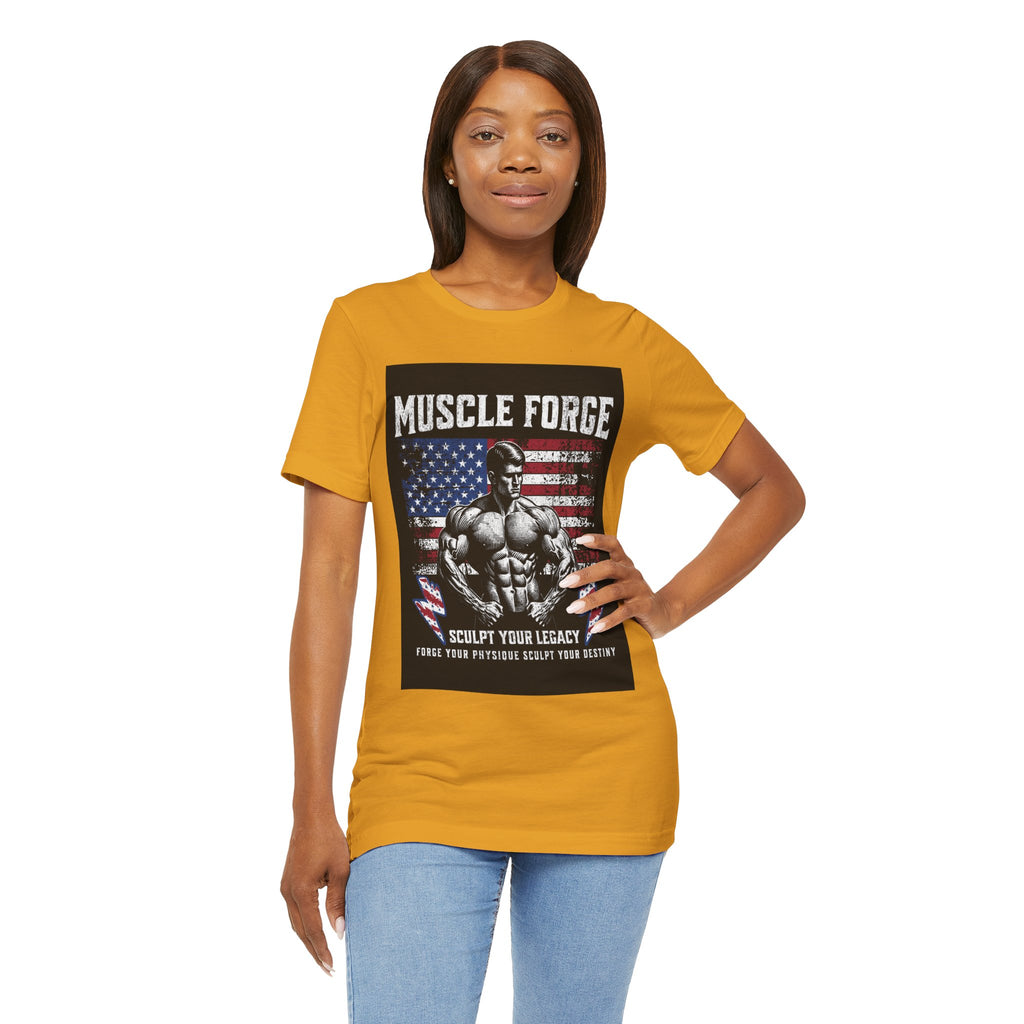 Muscle Forge American Flag Gym Tee — "Sculpt Your Legacy" Fitness T-Shirt