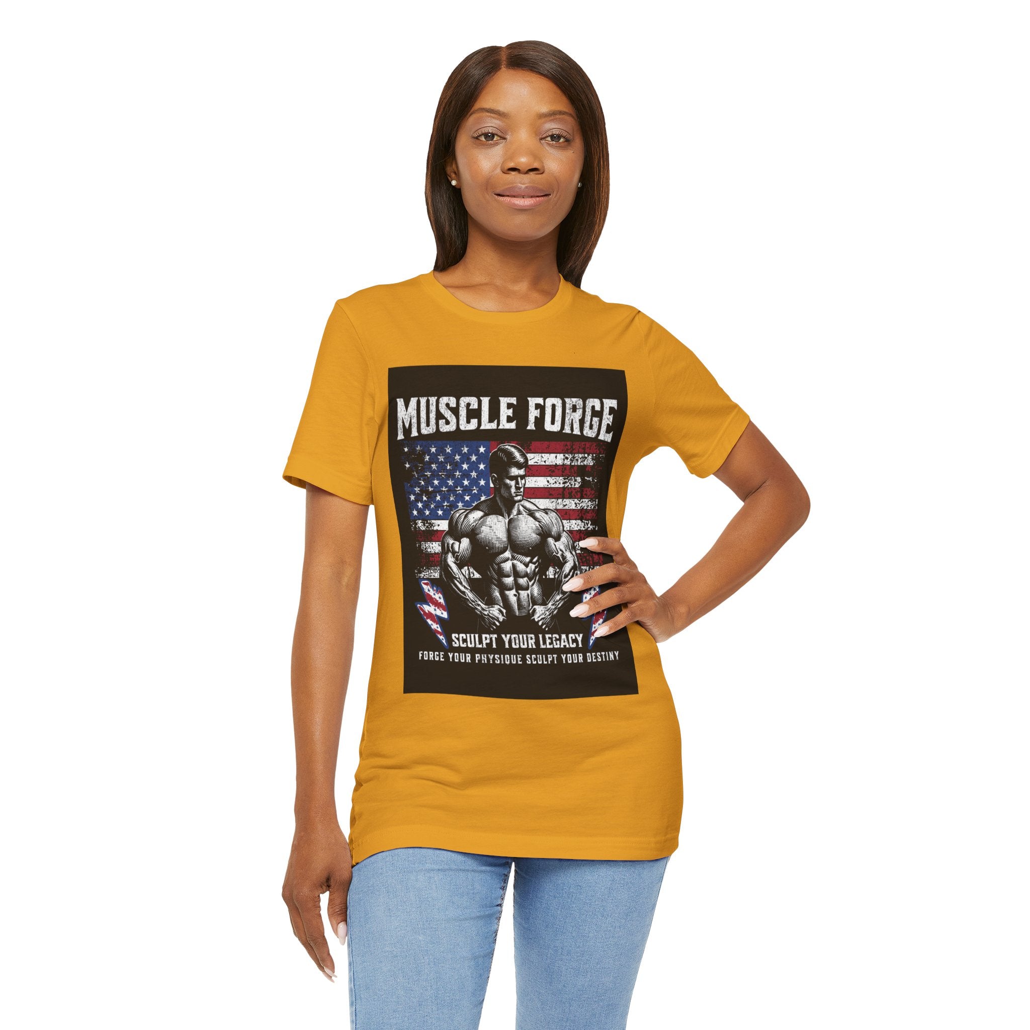 Muscle Forge American Flag Gym Tee — "Sculpt Your Legacy" Fitness T-Shirt