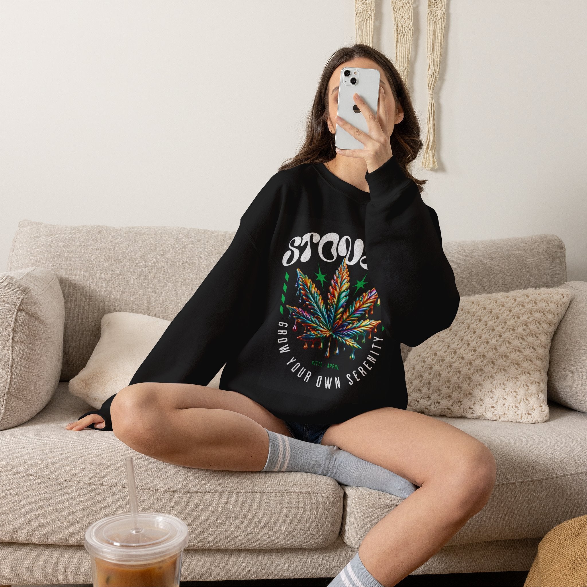Sweatshirt — Stoner 'Grow Your Own Serenity' Colorful Cannabis Leaf Crewneck
